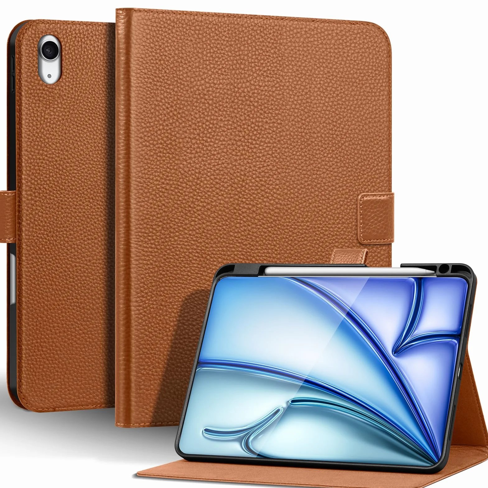 Etui z prawdziwej skóry do iPada Air 27.9 cm M4/M3/M2, 5./4. generacji 27.7 cm | Uchwyt na ołówki, regulowany stojak, zamknięcie magnetyczne, osłona automatycznego budzenia/uśpienia, brązowy