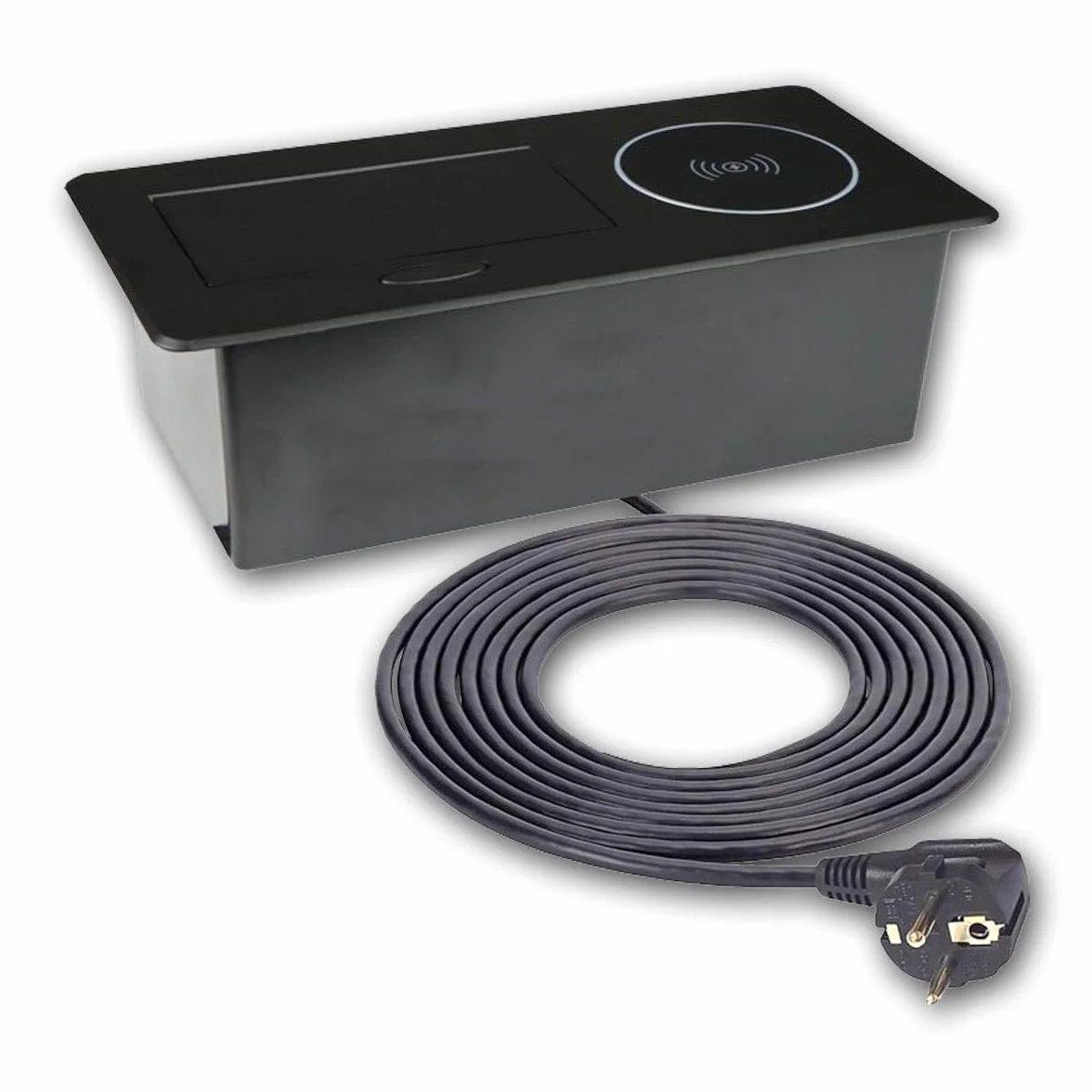 Stołowe gniazdko do zabudowy "ZEOBOX", 1-drożne, 2 x USB, ładowarka Qi, 1 x USB-A i 1 x USB-C, z kablem przyłączeniowym 1,5 m do 230 V