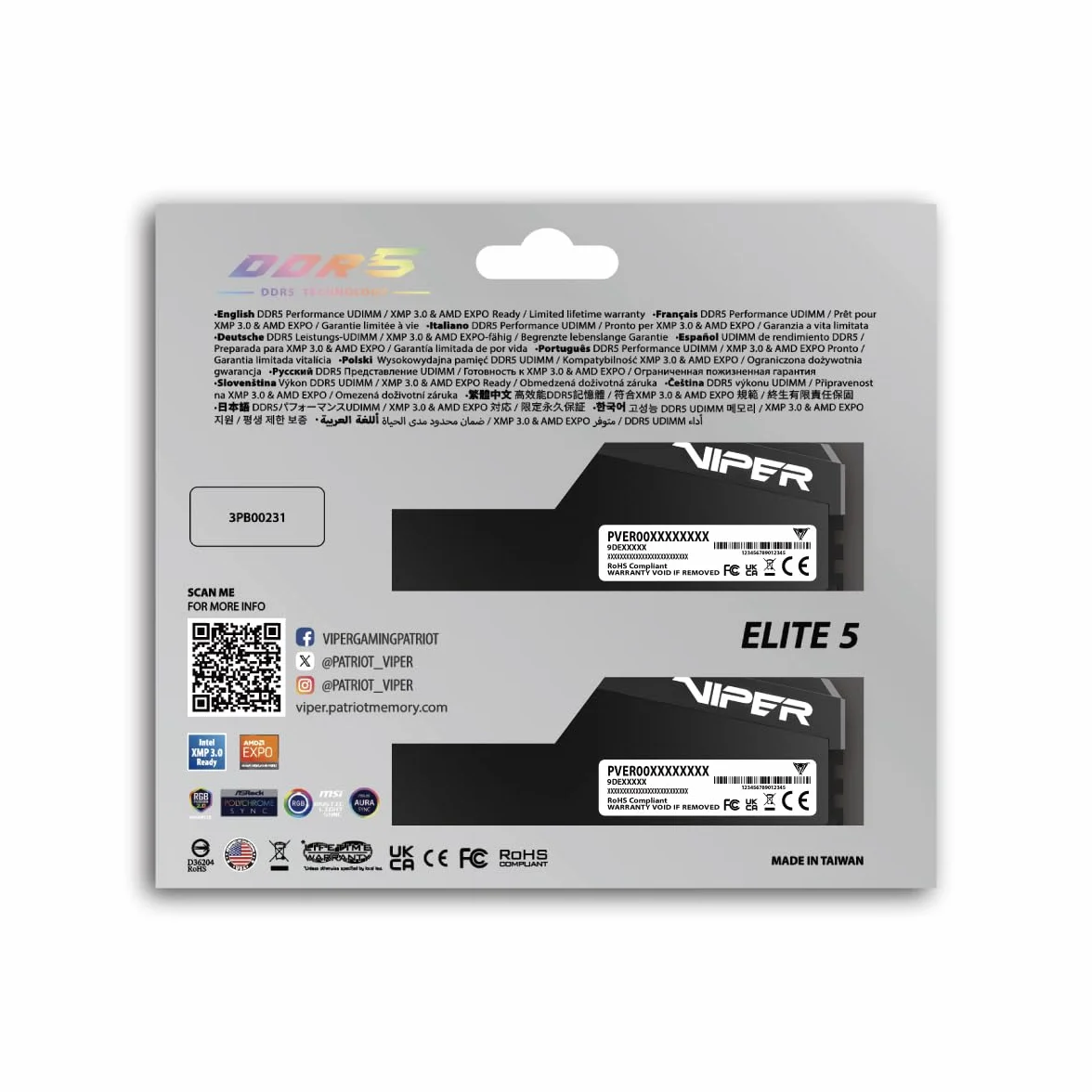Patriot Viper Elite 5 Ultra Gaming RGB DDR5 RAM 64 GB (2 x 32 GB) 6400 MT/s CL32 1,4 V UDIMM zestaw pamięci do gier komputerowych kompatybilny z Intel XMP AMD Expo - VEUR564G6432K