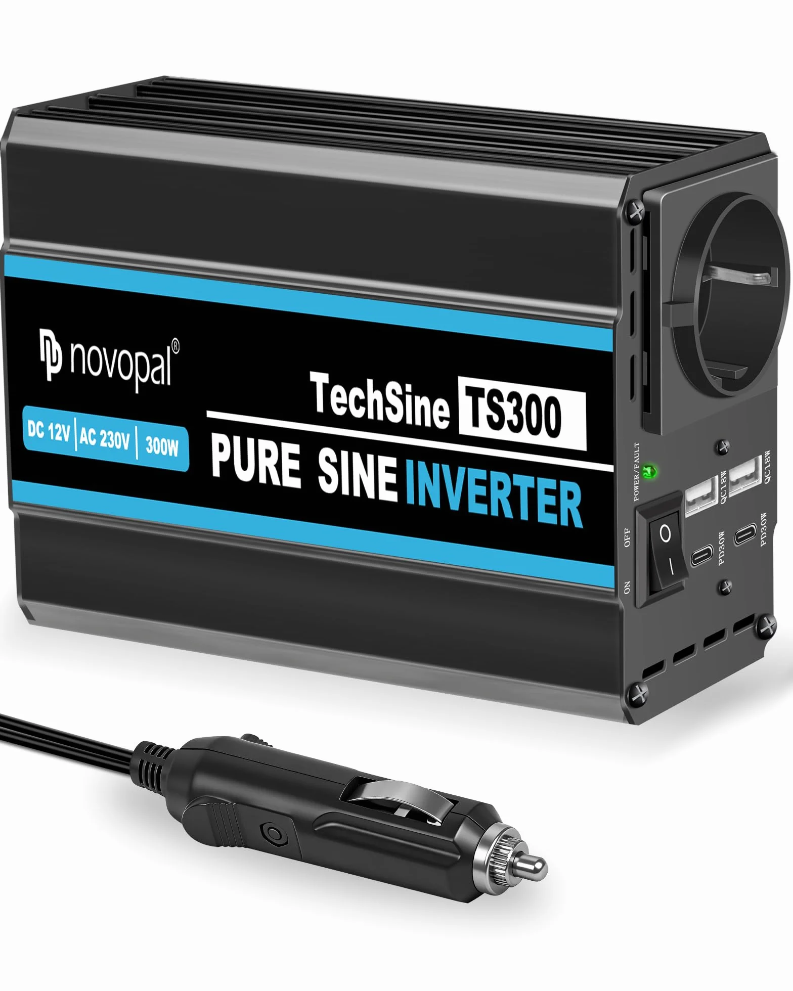 novopal Przetwornica napięcia 300 W, 12 V na 230 V, 1 gniazdo UE, 2 QC18W + 2 PD 30 W, moc szczytowa 600 W, falownik samochodowy, nadaje się do samochodów ciężarowych, na kemping, w podróży, do