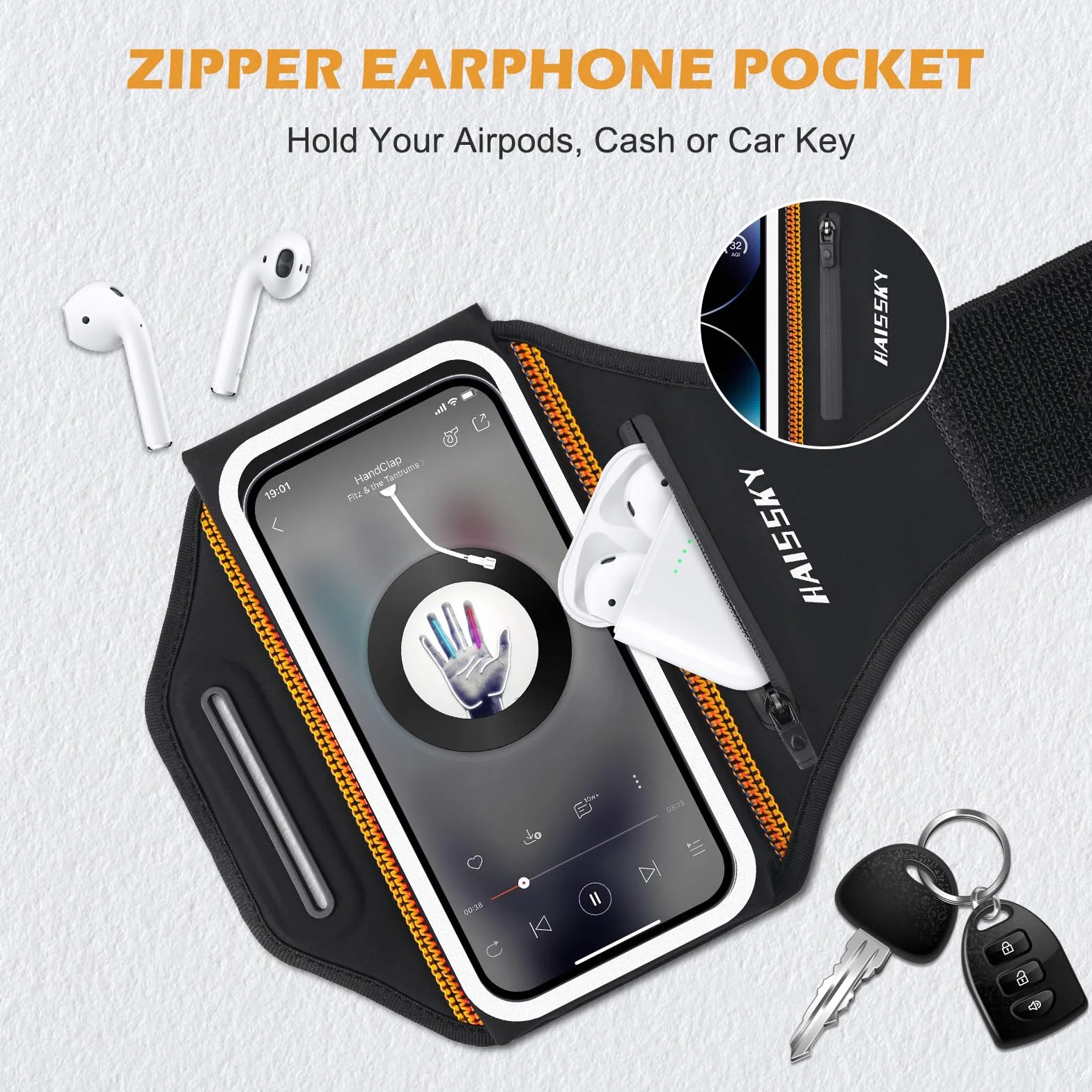 Opaska do biegania z kieszenią na zamek błyskawiczny, sportowa opaska na telefon do iPhone'a 16 Pro Max/15 Pro/14 Pro/13/12 Pro/ 11, uchwyt na telefon do biegania z klamrą zapobiegającą upadkowi do