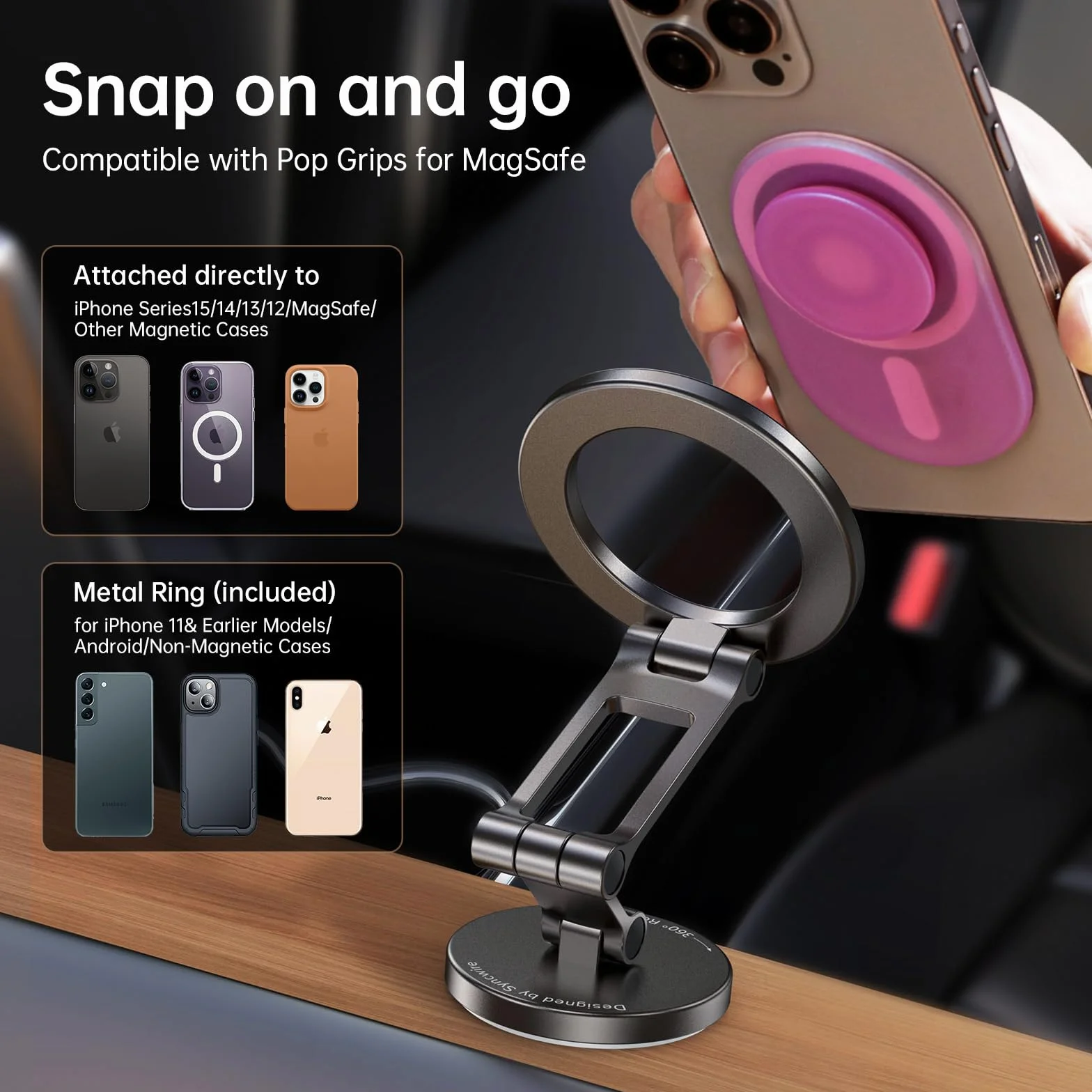 SYNCWIRE Uchwyt samochodowy na telefon MagSafe magnetyczny metalowy obrót 360°