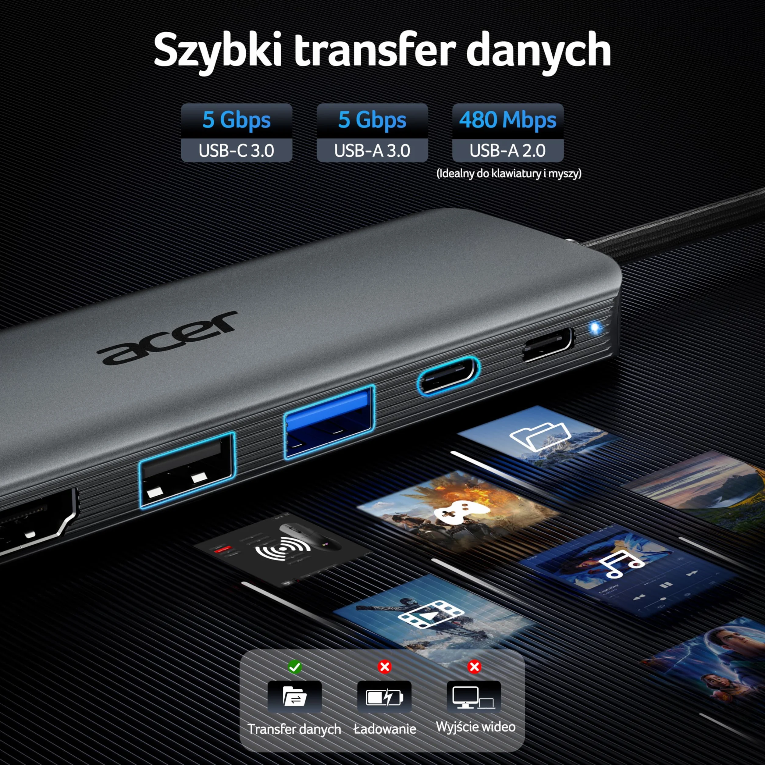 Acer Hub USB-C 5w1, USB-C do HDMI 4K@60Hz, USB-A+C 5Gbps, Ładowania PD 100W | Aluminiowy Rozdzielacz Wieloportowy z Adapterem do Laptopa iPhone 17/16/15, MacBook iPad Pro/Air, Mac mini M4, Surface S26