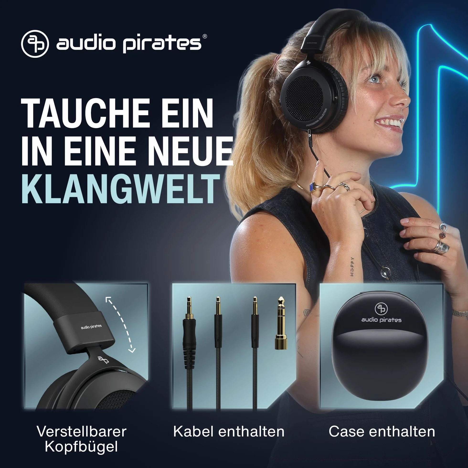 audio pirates Rick Professional nauszne słuchawki studyjne – wtyczka jack z etui, dźwięk HiFi, kabel 3 m i adapter 6,3 mm – słuchawki studyjne, słuchawki Hi-Fi, wtyczka jack (1)