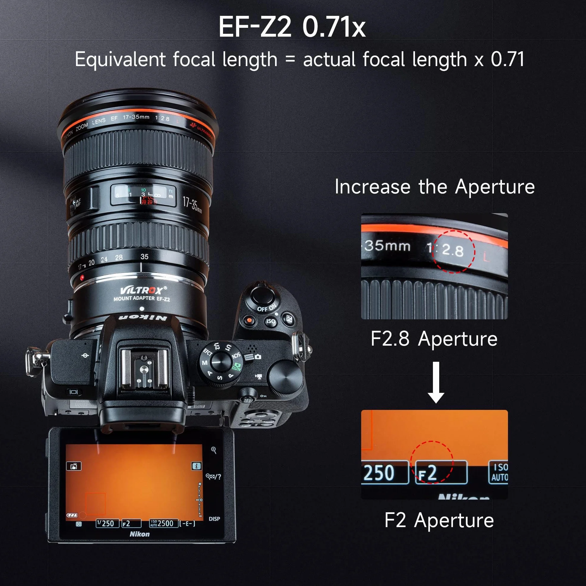 VILTROX EF-Z2 adapter obiektywu z automatyczną regulacją ostrości 0,71 x reduktor Speedbooster konwerter obiektywu kompatybilny z Canon EF Mount obiektyw do aparatów bezlusterkowych Nikon Z Z5 Z6 Z6II