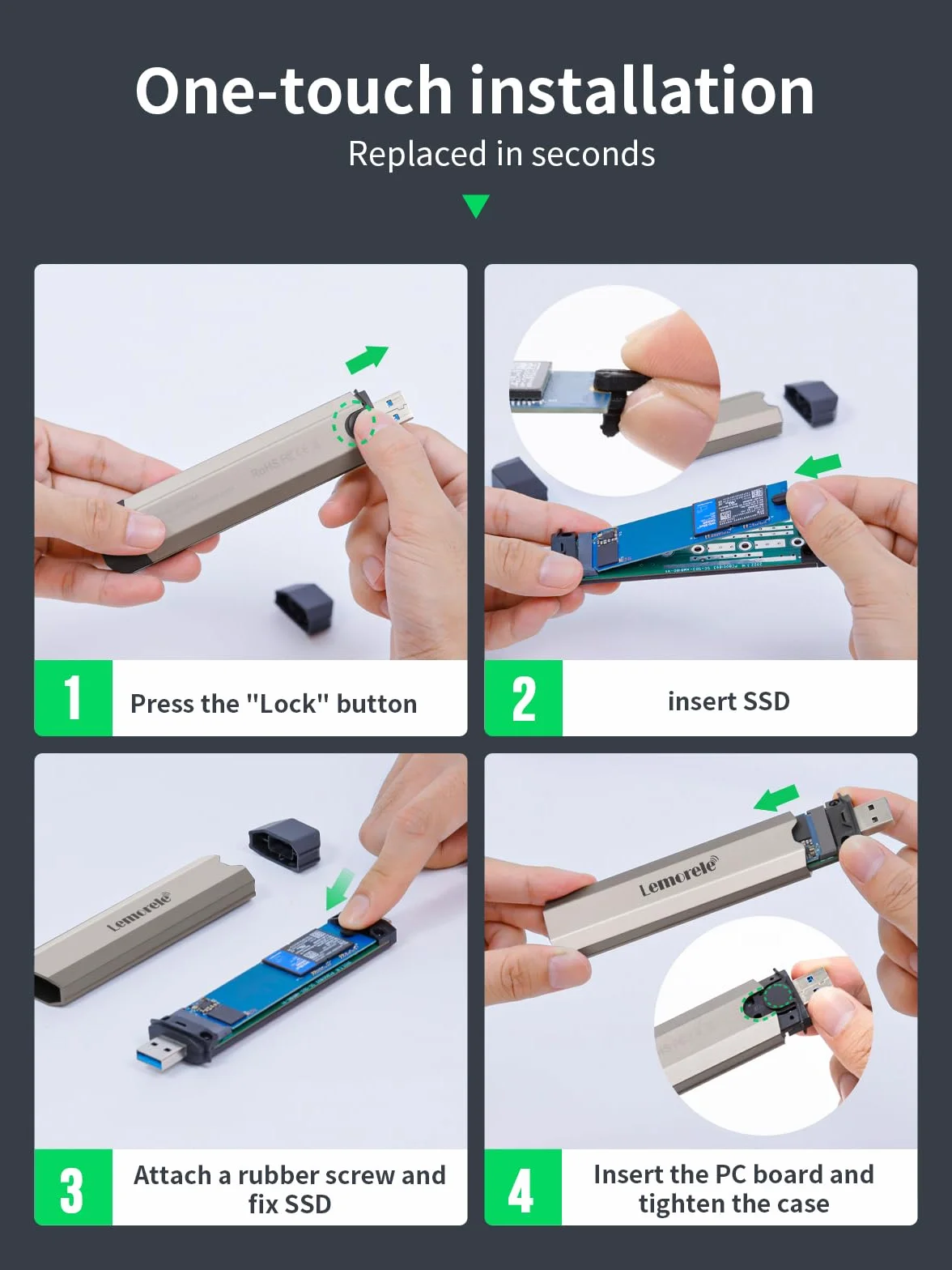 Lemorele NVMe M.2 SSD enclosure adapter, beznarzędziowy adapter zewnętrznej obudowy PCIe/SATA NVMe M.2 USB C 3.1 Gen2 (10 Gbps) dla (M-Key & M+B Key) NVMe SSD (2230/2242/2260/2280)