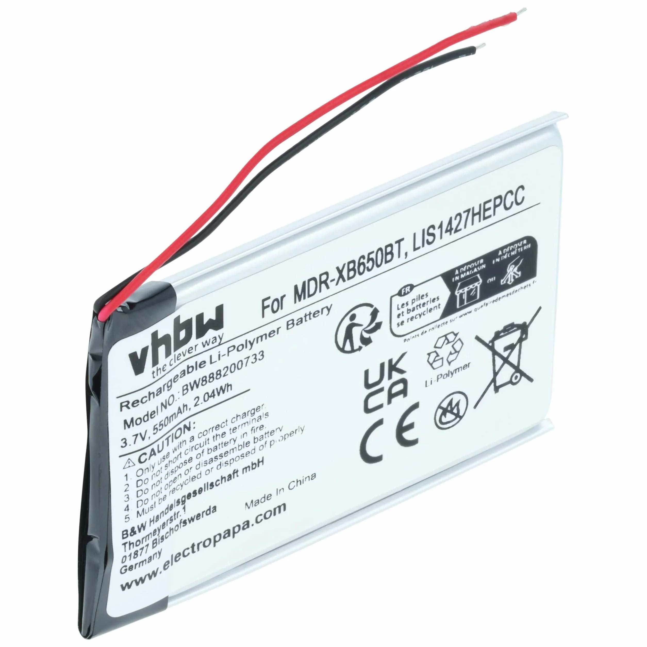 vhbw Bateria zamienna kompatybilna z bezprzewodowymi słuchawkami Sony NWZ-E463, NWZ-E464, NWZ-S764 (550 mAh, 3,7 V, litowo-polimerowy)
