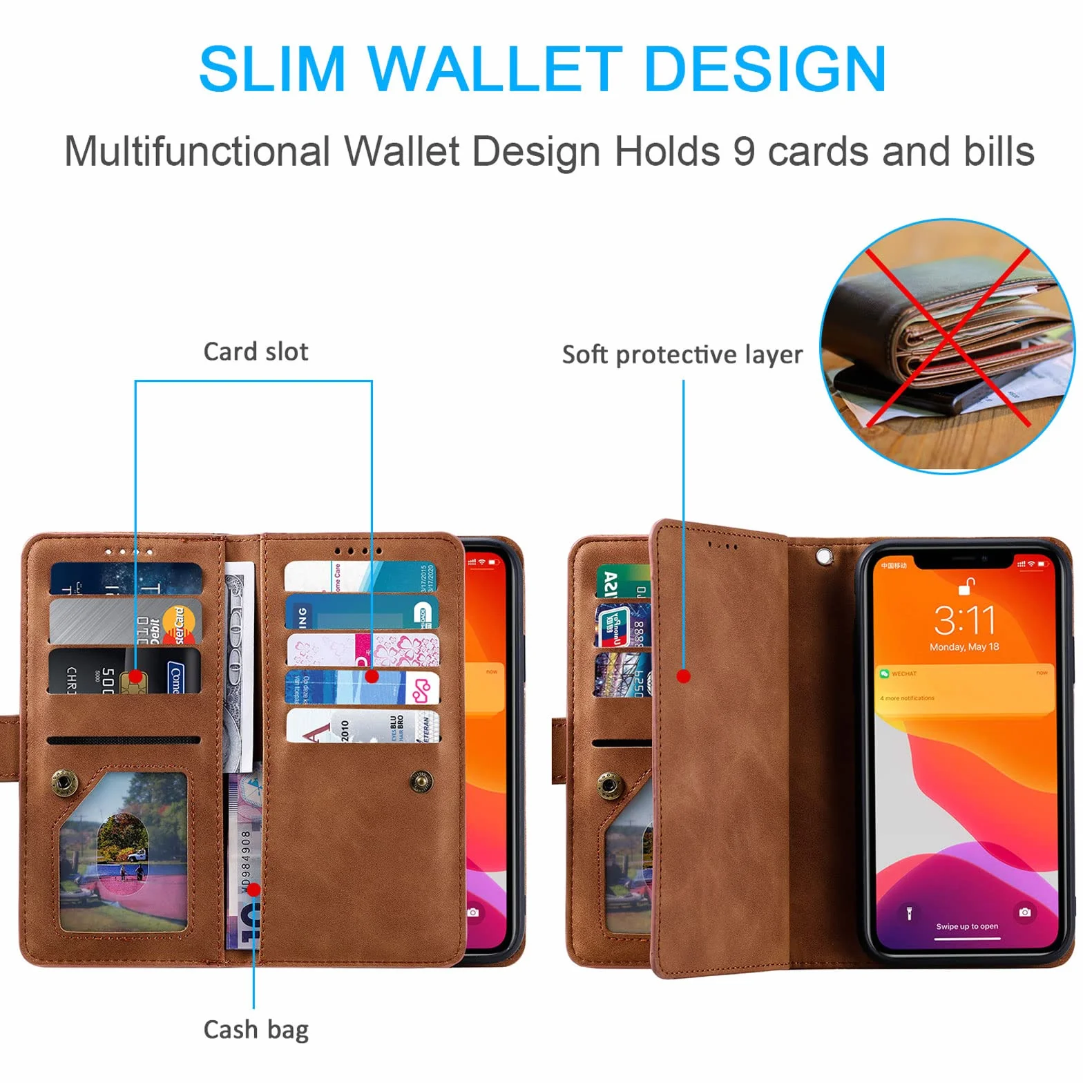 Etui do iPhone 14/14 Pro/14 Plus/14 Pro Max, skórzane etui na telefon komórkowy, portmonetka ochronna, portfel z 9 przegródkami na karty, etui z klapką, odporne na uderzenia, brązowe, 14 Pro 6,1"