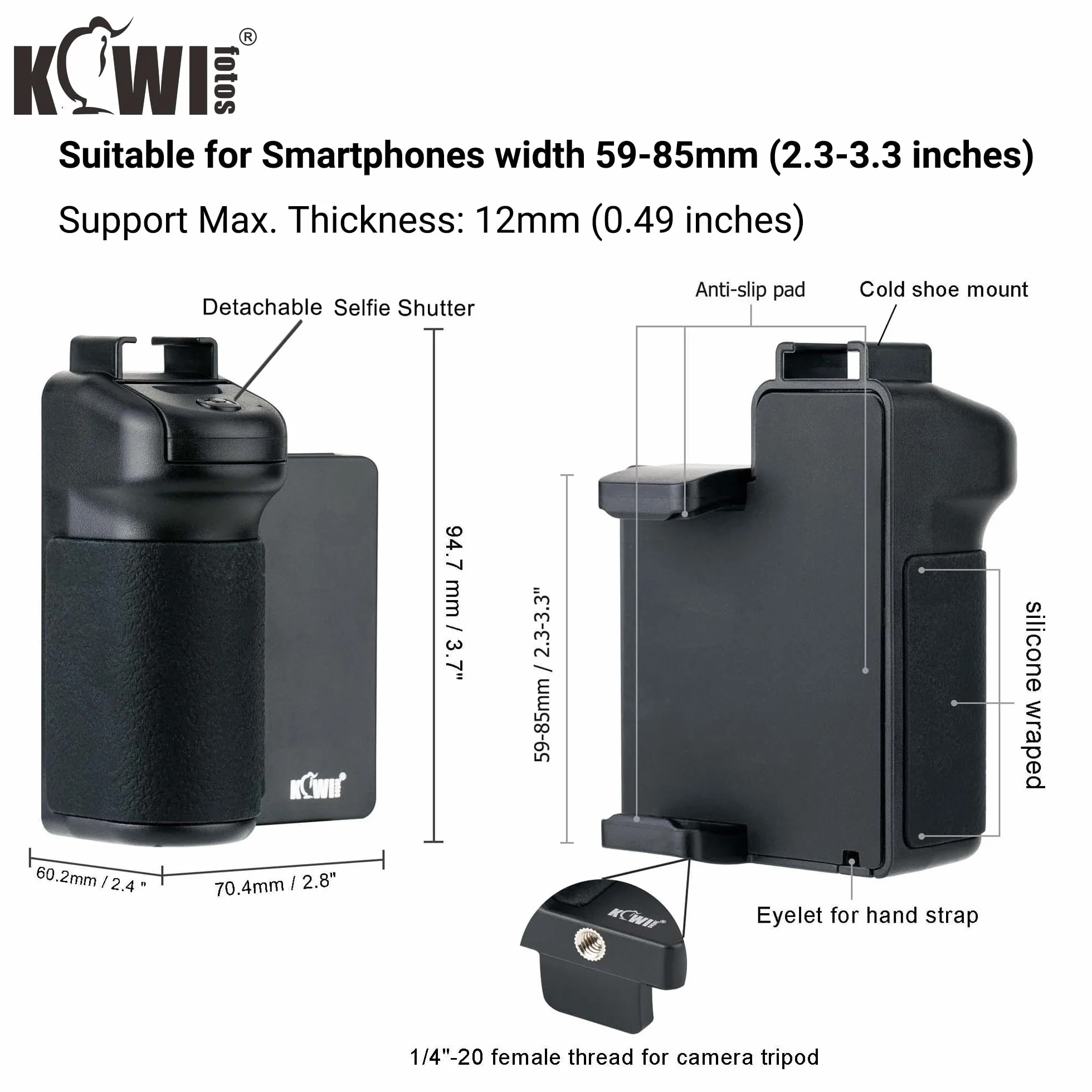 KIWIFOTOS Pilot zdalnego sterowania do smartfona ze stabilizatorem uchwytu do selfie vlog wideo kompatybilny z iPhone 14 13 12 11 XS X XR 8 + 8 7+ 7 6S+ 6S Galaxy Mate MI PIXEL o szerokości 59-85 mm