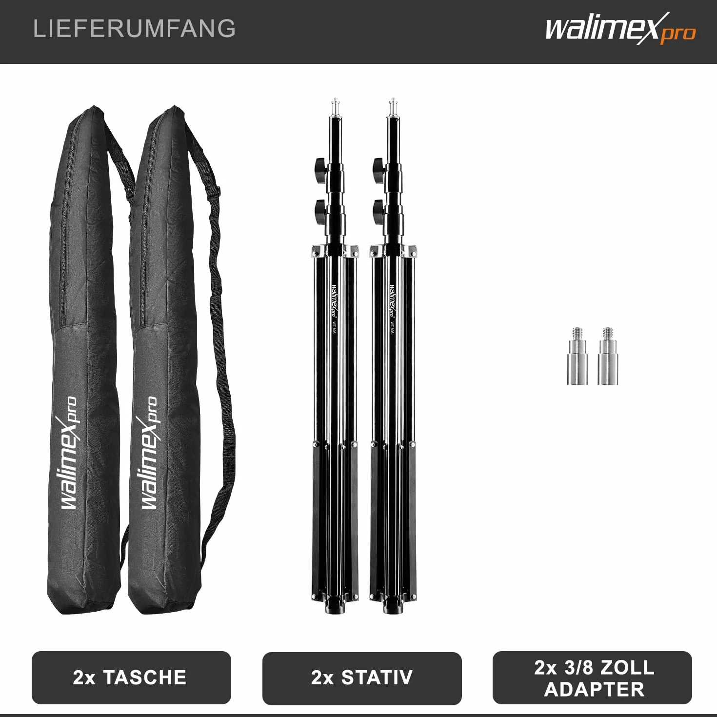 walimex Pro 2 x statyw do lampy WT-806 ze sprężynowym amortyzatorem I Max. 256 cm I stabilny statyw oświetleniowy, który może wytrzymać do 6 kg
