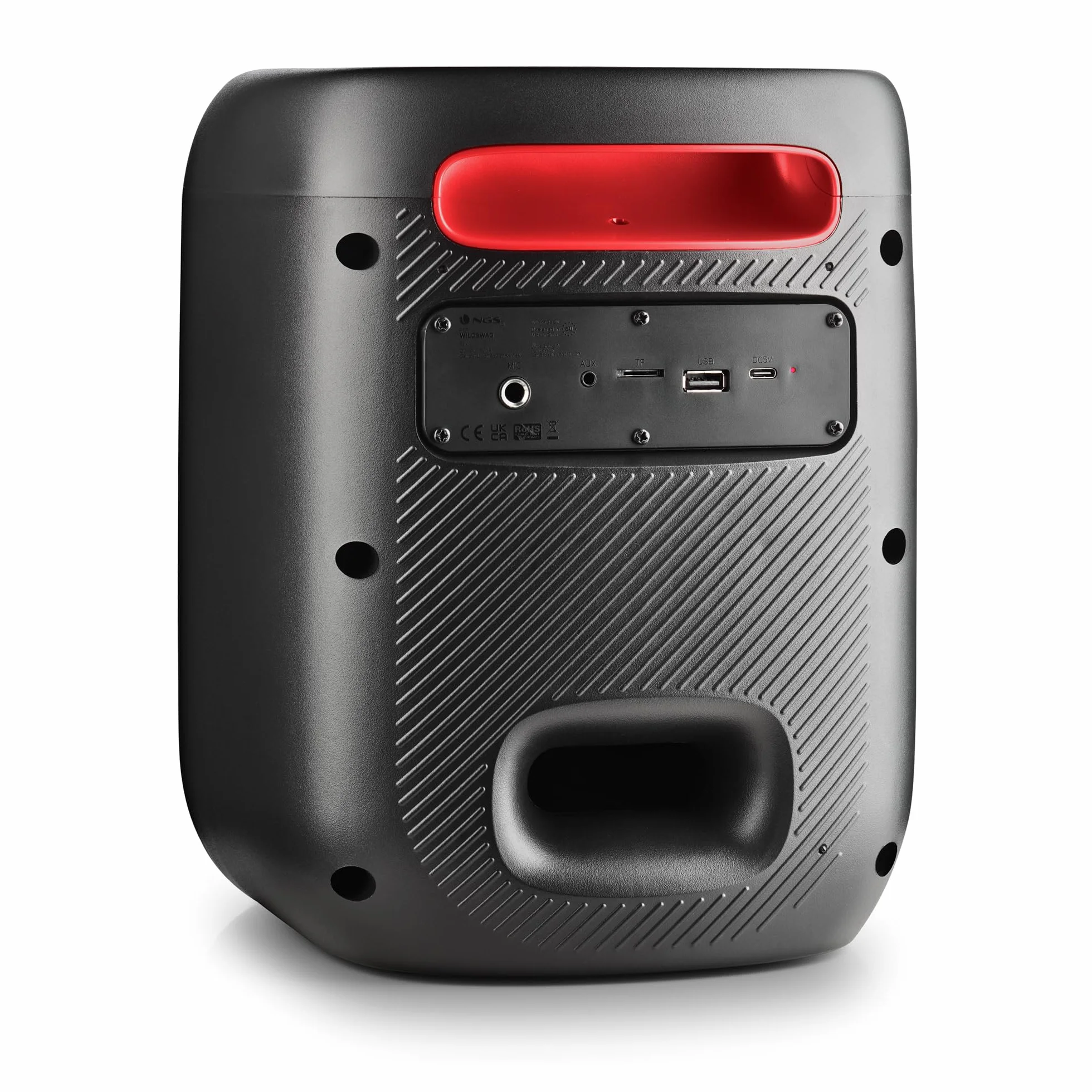 NGS Wild Swag Go przenośny głośnik, kompatybilny z technologią Bluetooth 5.0, True Wireless Stereo, diody LED i ekran, wejście USB, TF i Aux-Audio, 24 x 23 x 30 cm, 80 W, kolor
