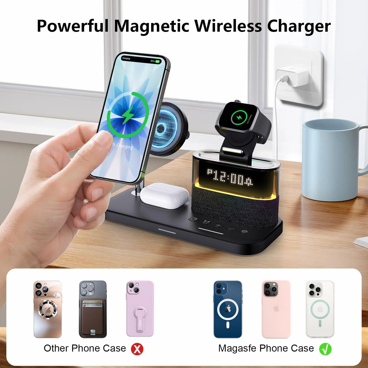 Bezprzewodowa Ładowarka 5-w-1 z Budzikiem i Lampką Nocną – Stacja Ładująca do iPhone 17 16 15 14 13 12 Pro Max, Apple Watch i Słuchawek (AirPods) Czarny
