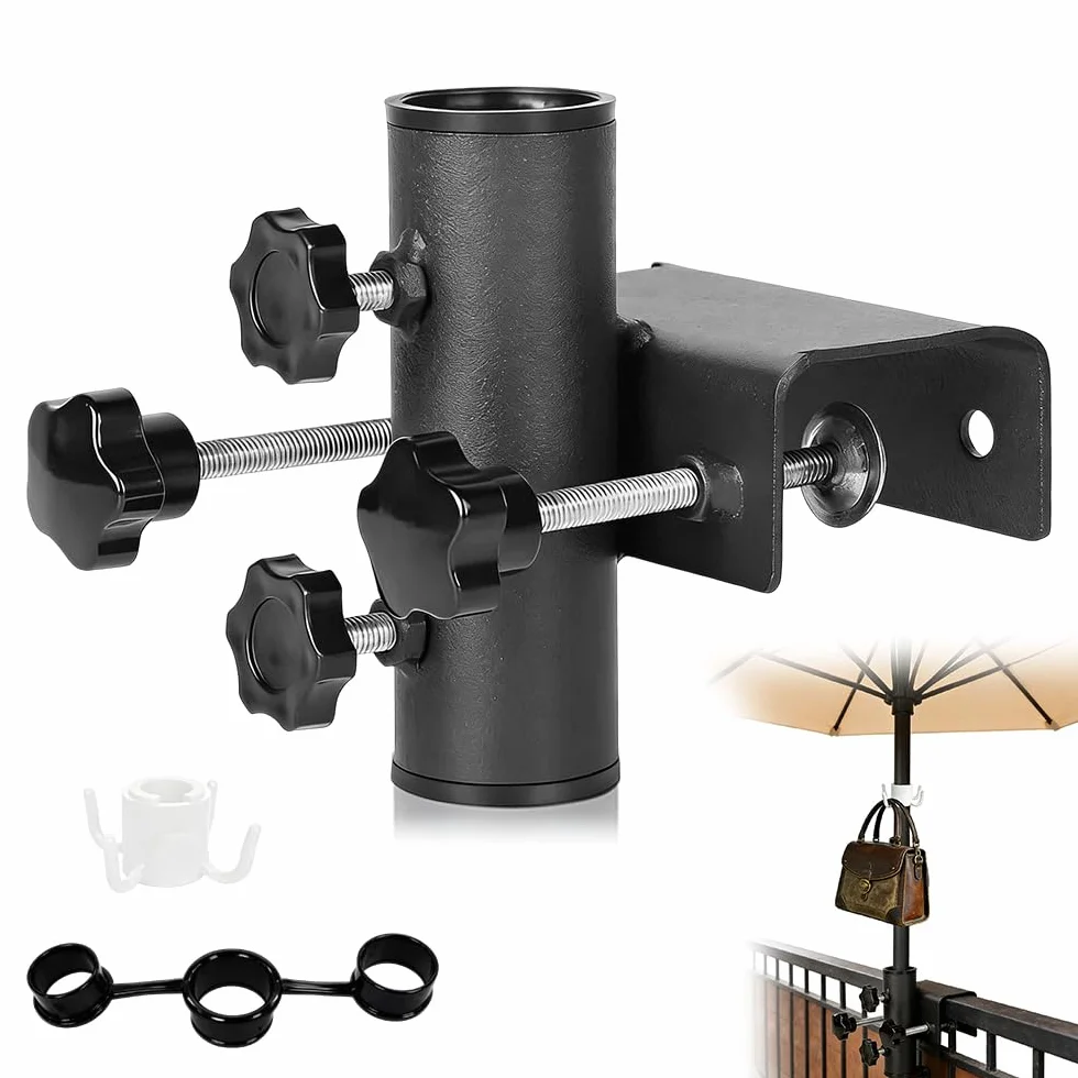 Uchwyt na parasol przeciwsłoneczny, balustrada balkonowa, z haczykami, stabilny metalowy uchwyt na parasol, poręcz balkonowa, regulowana rura parasola Ø 23 ~ 38 mm