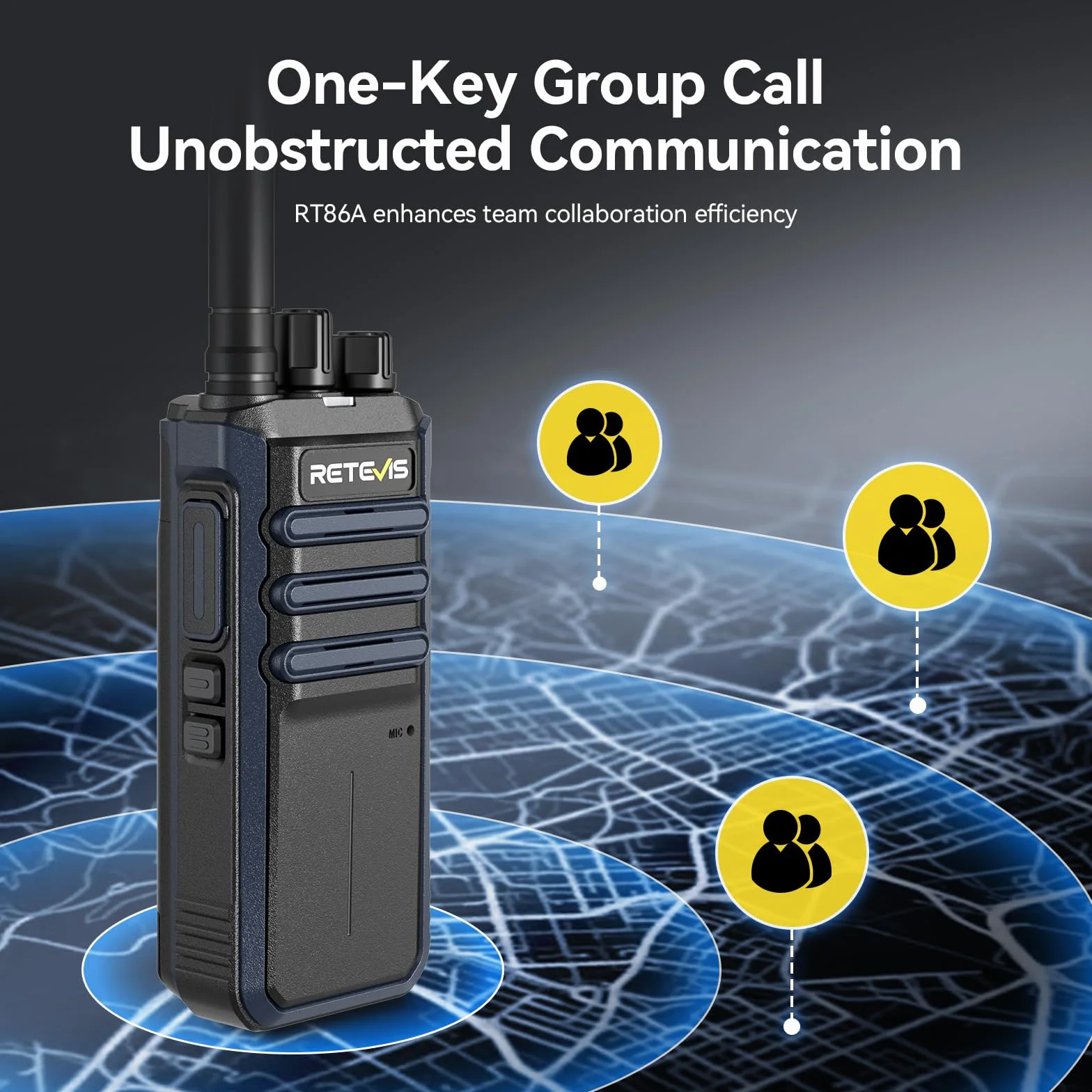 Retevis RT86A Walkie Talkie Dalekiego Zasięgu dla Dorosłych z 6-drożną łAdowarką, Akumulatorem 2500 mAh, Połączeniami Grupowymi, Wytrzymałym Dwukierunkowym Radiotelefonem dla Firm (6 Sztuk, Czarny)