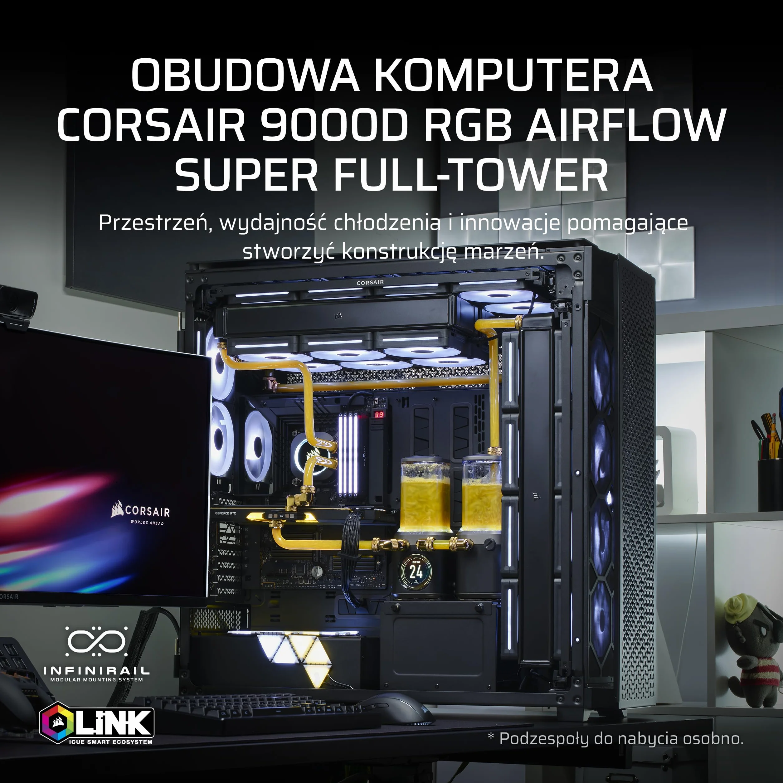 CORSAIR 9000D RGB AIRFLOW Super Full-Tower Obudowa Komputera – Przestronne Wnętrze – Mocowanie Wentylatorów InfiniRail™ – W Zestawie Koncentrator Systemowy iCUE LINK – Bez Wentylatorów – Czarny