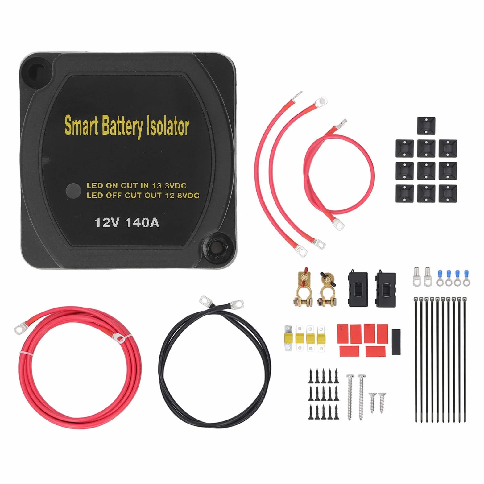 Kompatybilny z ciężarówką RV ATV UTV SUV i łodzią - Zestaw podwójnego izolatora akumulatora DC 12 V 140 A z kablem o długości 8 m i ekranem LED, przekaźnik wrażliwy na napięcie