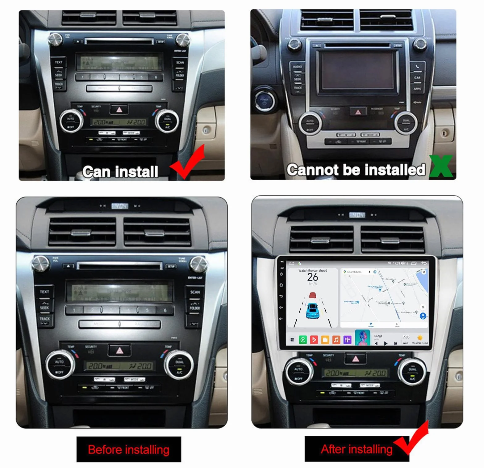 Y300s, Android 15.0 Stereo zamiennik dla Camry 2012-2014 Radio samochodowe Nawigacja GPS 10-calowy przenośny odtwarzacz multimedialny DVD Odbiornik FM BT z Android Auto CarPlay