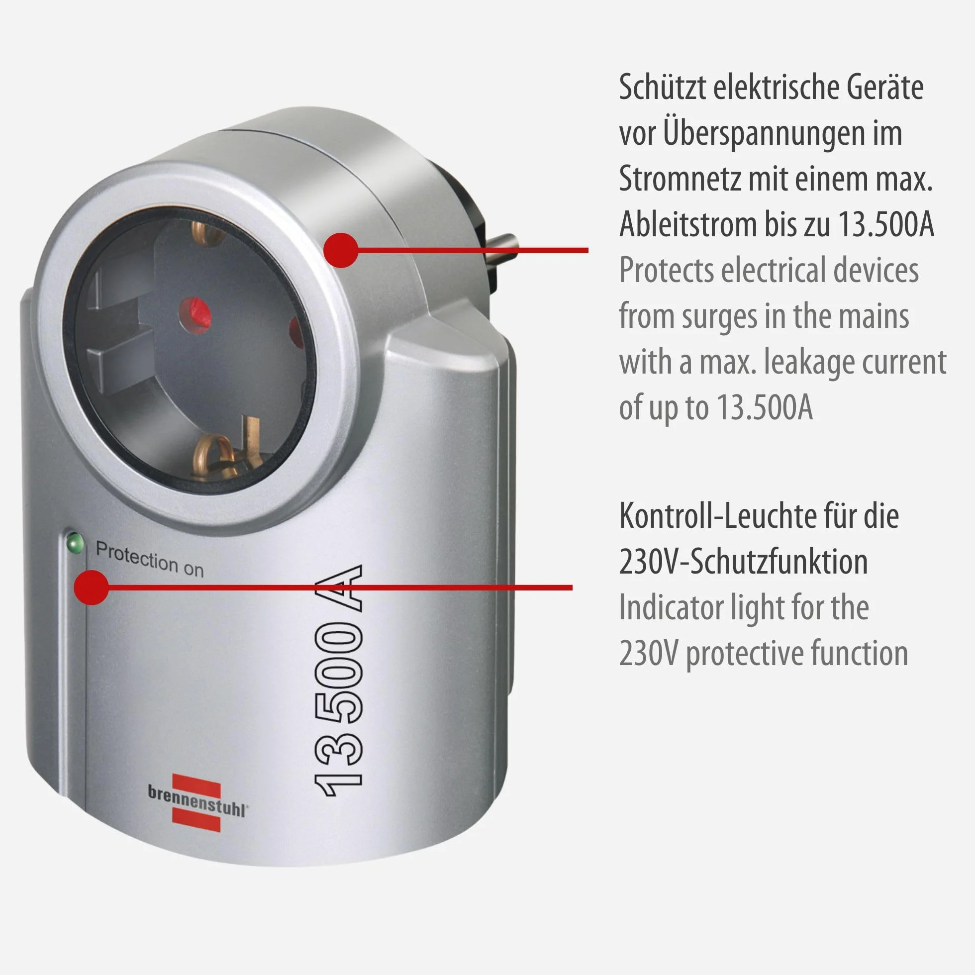 Brennenstuhl Primera-Line adapter do gniazdka z ochroną przed przepięciem, zestaw 2 szt. (adapter jako ochrona odgromowa do urządzeń elektrycznych) srebrny/czarny