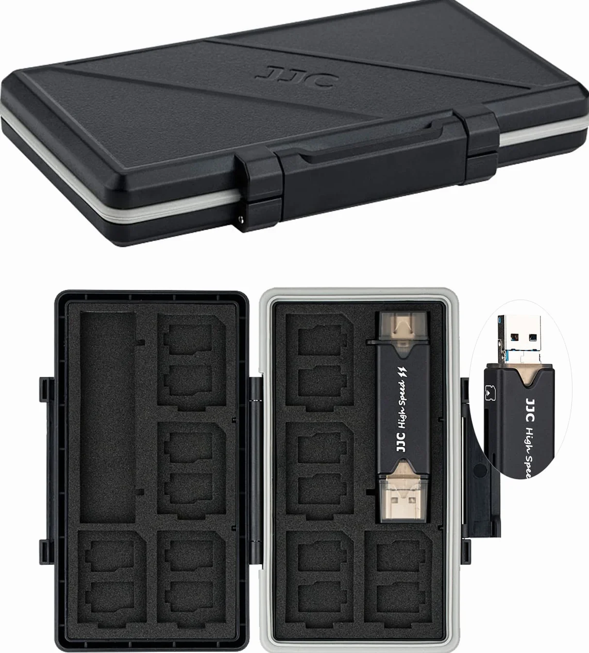 JJC Wodoodporne Etui Na Karty Pamięci Z 25 Gniazdami, Czytnikiem USB 3.0 Do 16 Micro SD/SDXC/SDHC + 8 SD/SDXC/SDHC - Antywstrząsowe, Przenośne