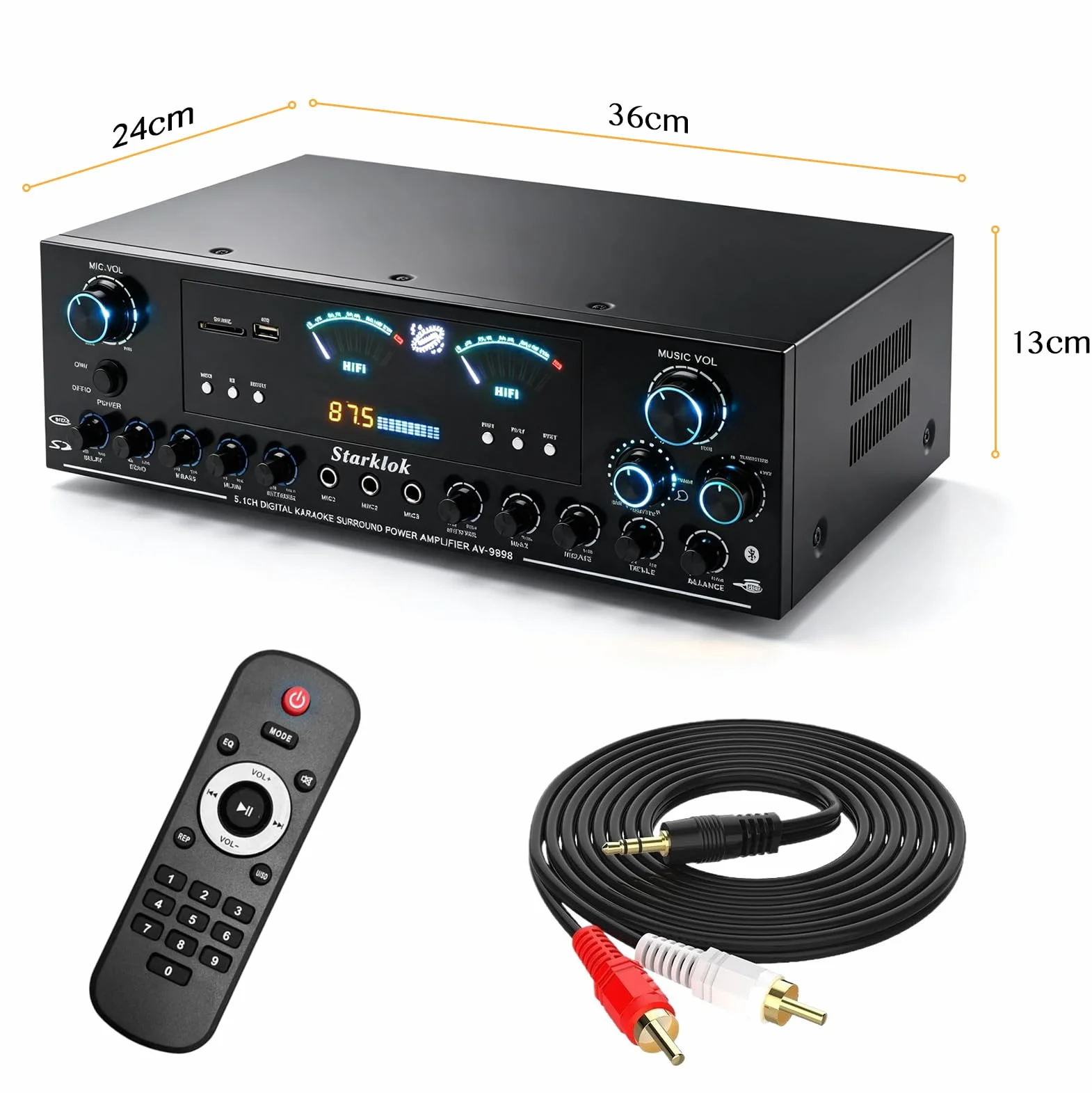 Wzmacniacz Stereo HiFi Bluetooth 5.1 z Pilotem, Wzmacniacz Audio | z Odtwarzaniem USB, Wejściem Audio, Obsługą Aktywnego i Pasywnego Subwoofera, Wzmacniacz Kina Domowego do Głośników