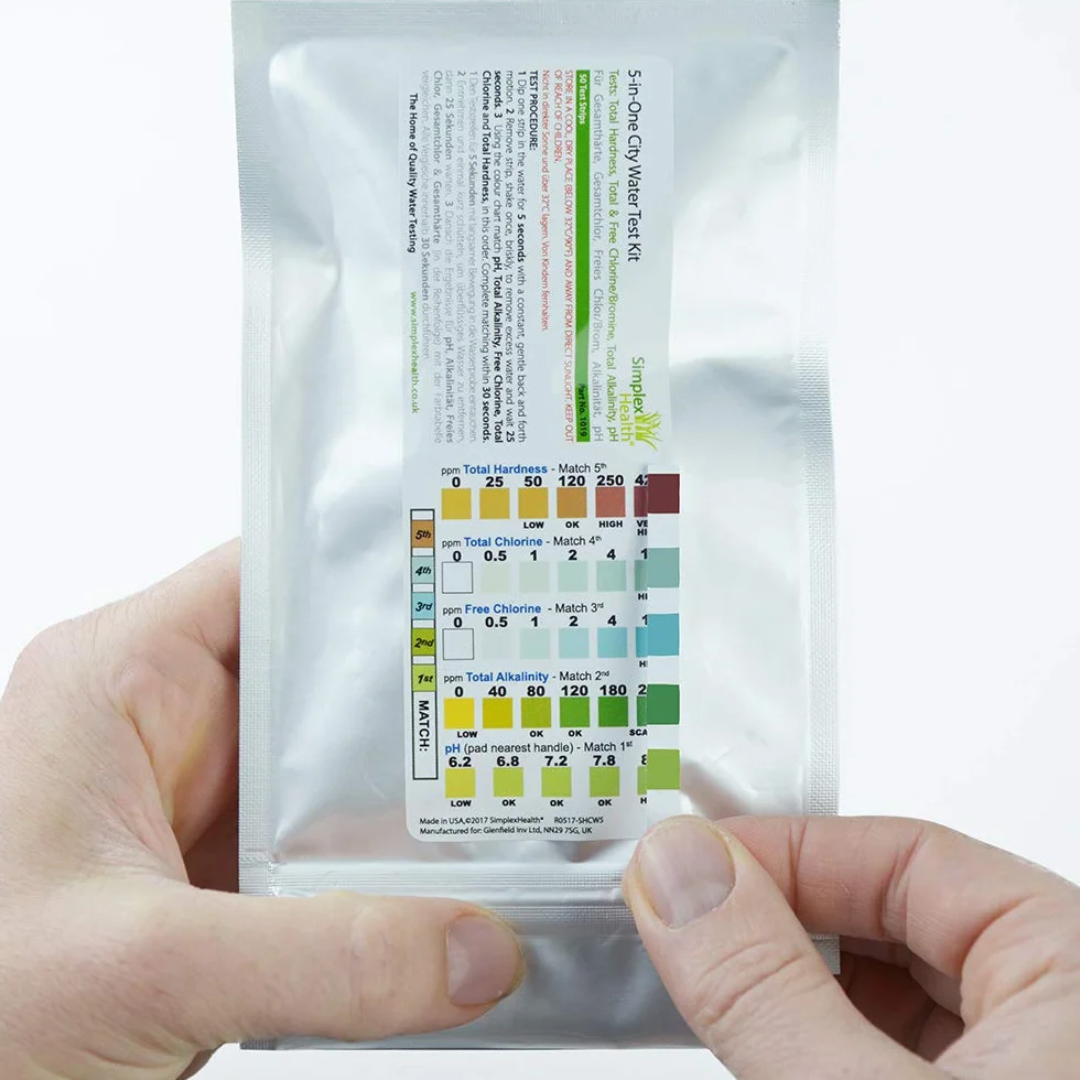 SimplexHealth City Water Test Kit 12,7 cm 5 pasków test wody pitnej twardość całkowita zasadowość chlor całkowity wolny chlor pH