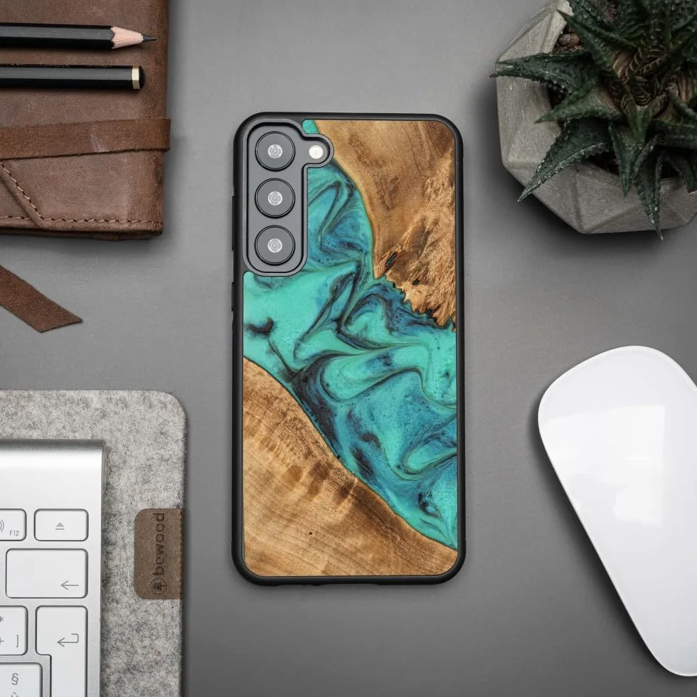 Unikalne etui kompatybilne z Samsung Galaxy S23 Plus, ręcznie wykonane etui ochronne z naturalnego drewna i żywicy, turkusowe, odporne na uderzenia, kompatybilne z MagSafe