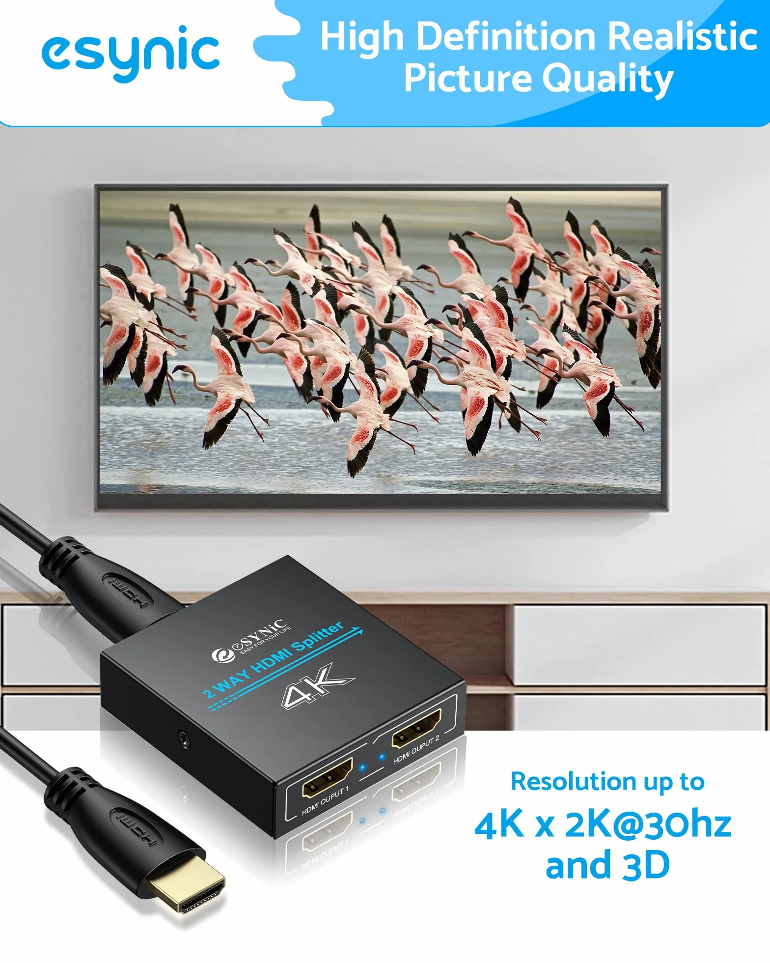 eSynic Rozdzielacz HDMI 1x2, rozdzielacz HDMI 4K 1 w 2 wyjścia HDMI adapter wzmacniacza aluminium wersja 1.4 HDCP z zasilaczem obsługuje 3D 4K 30HZ Full HD1080P do PC PS3 PS4 odtwarzacz Blu-ray HDTV