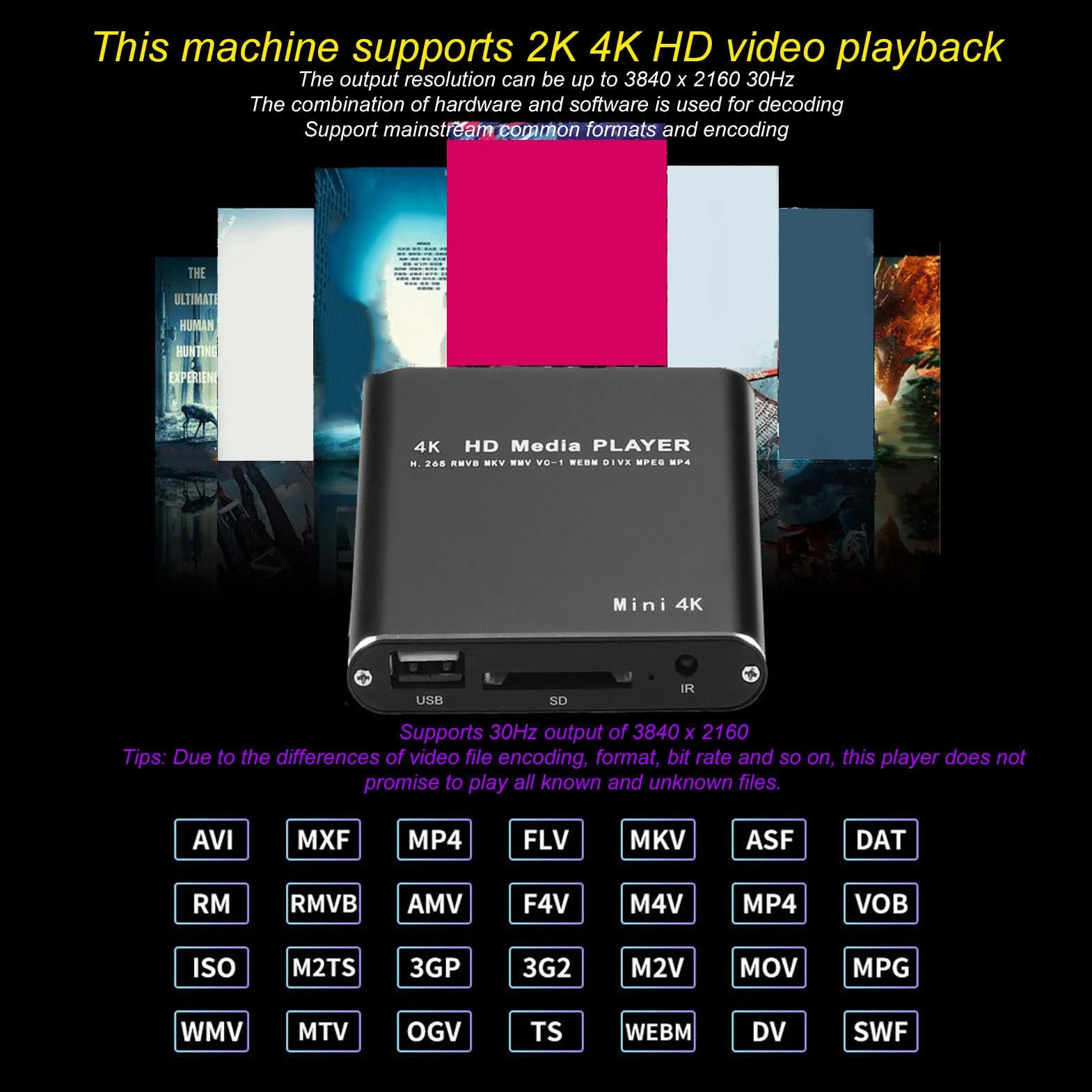 Mini Odtwarzacz Multimediów Strumieniowych MP28, Odtwarzacz Multimedialny 2K 4K HD z Pilotem, rozdzielczość 3840 X 2160 30 Hz, pamięć 4G, Odtwarzanie Wieloformatowe, Gniazdo Kart