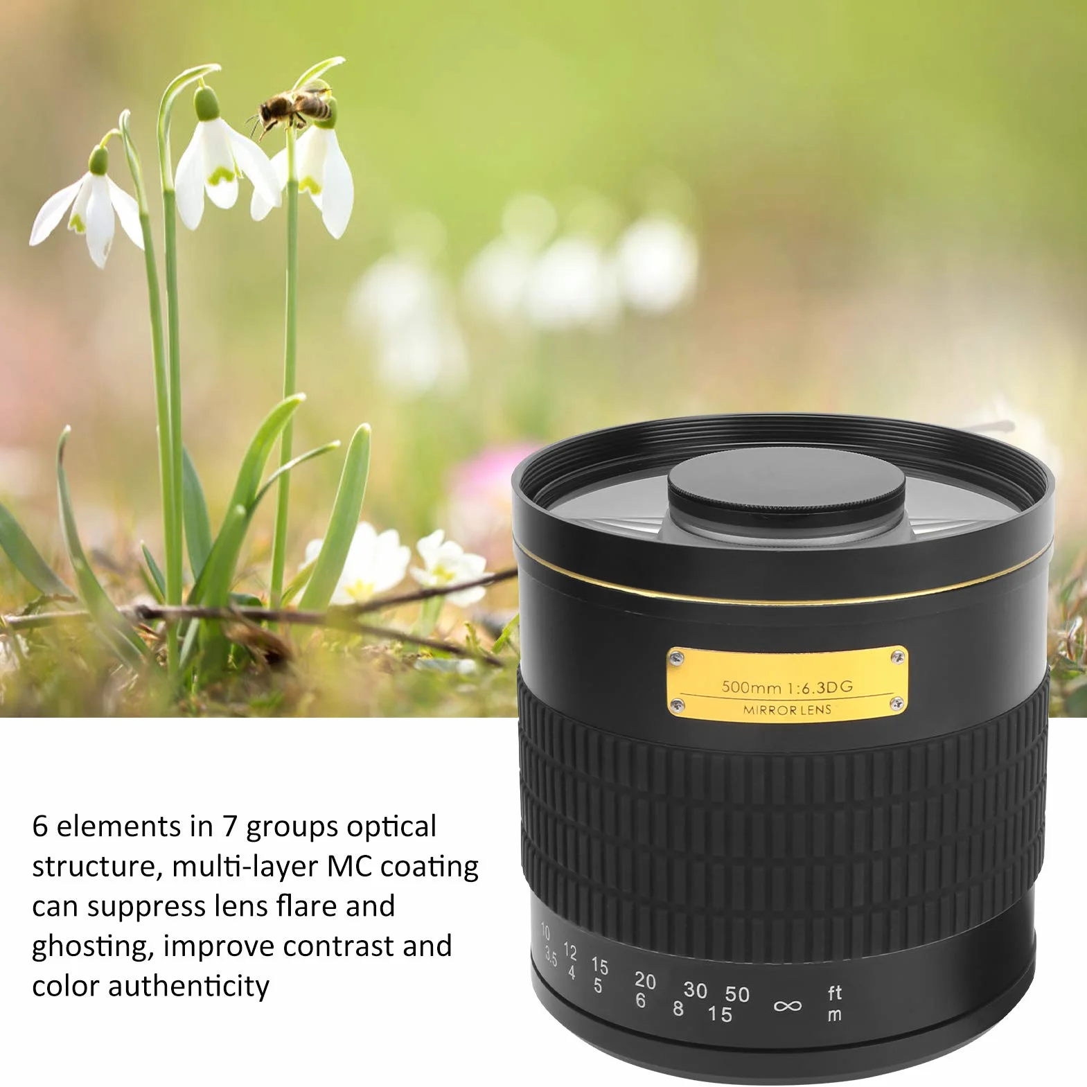 Teleobiektyw Lustrzany 500 Mm F6,3 do Aparatu z Mocowaniem EF, Lekka Konstrukcja Zapewniająca wygodę Użytkowania, Obiektyw z ręczną regulacją Ostrości do Fotografowania Owadów i Turystyki