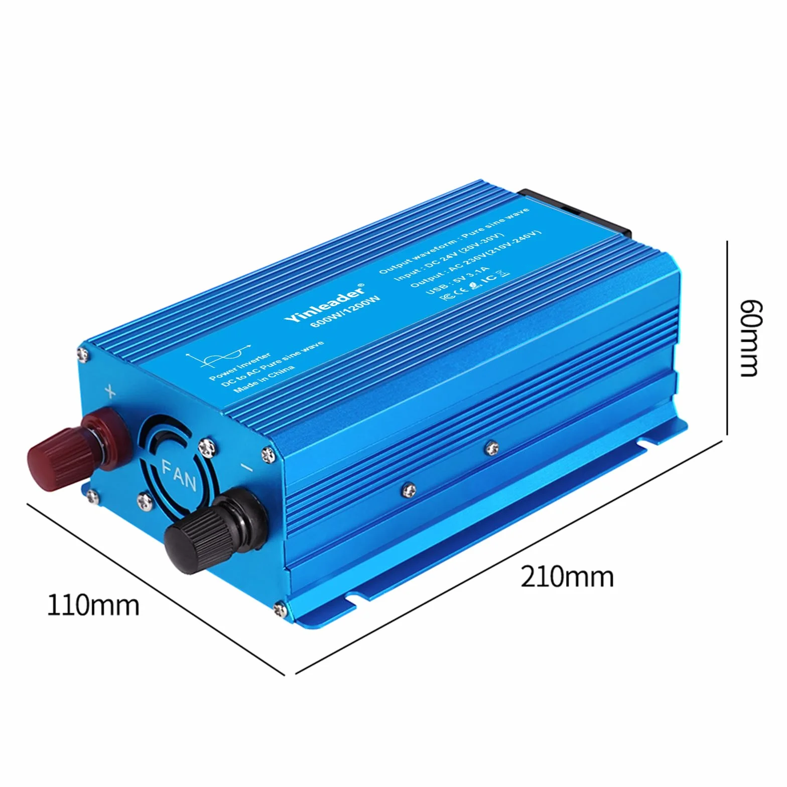Yinleader 24 V na 230 V, 600 W/1200 W, czysty falownik sinusoidalny, przetwornica napięcia do samochodów ciężarowych i przyczep kempingowych, z podwójnym USB i gniazdkiem, kompaktowy przetwornik prądu