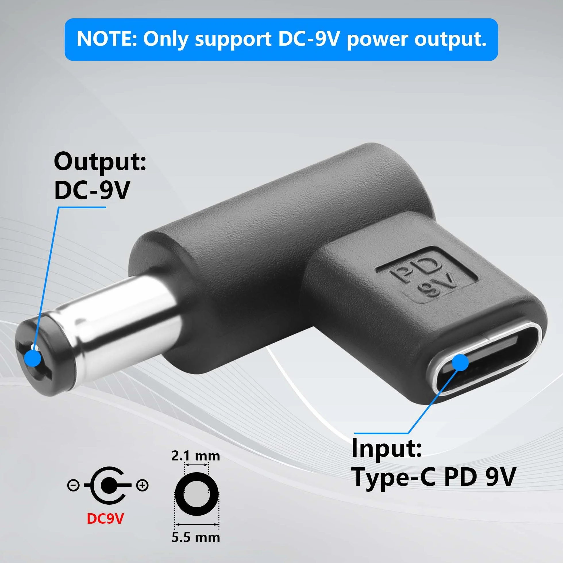 GINTOOYUN 2 szt. 9V DC Adapter złącze zasilania 90 stopni kąt żeński USB C na męski konwerter DC 5,5 mm X 2,1 mm (9V)