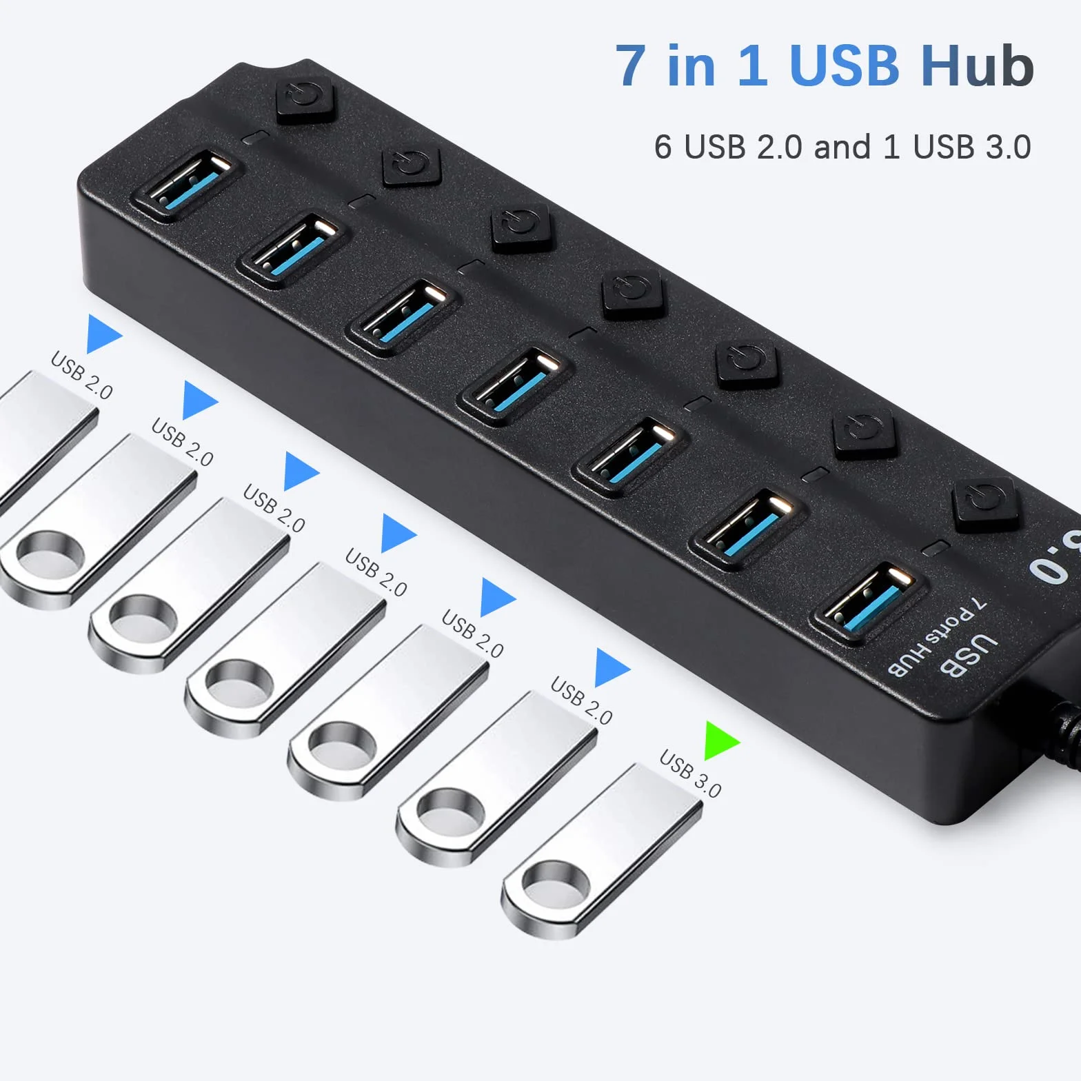 Hoppac Hub 7 w 1 z 1 USB 3.0 i 6 USB 2.0, Adapter Multiple do PC z Niezależnym Przełącznikiem i Wskaźnikiem LED, Długość Linii 1 m