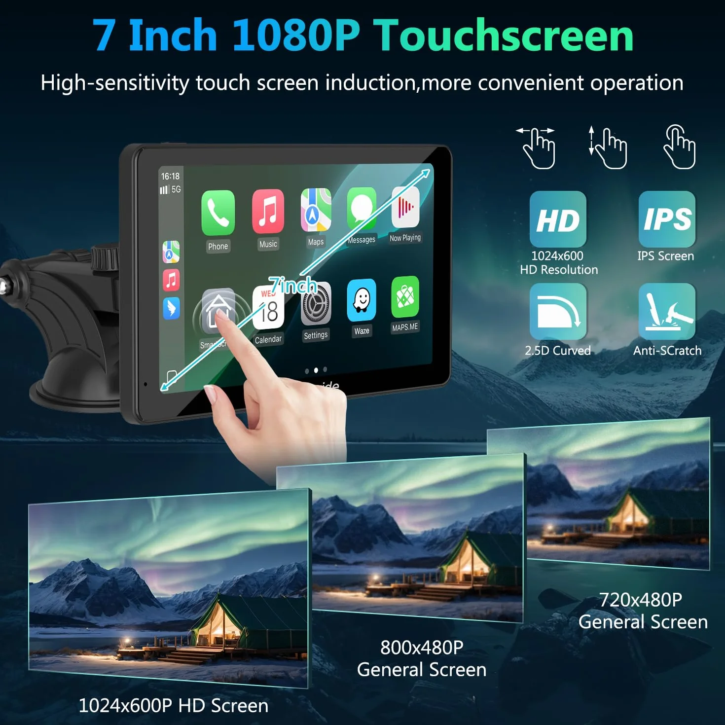 Carpuride Samochodowe stereo, przenośne bezprzewodowe Carplay i Android Auto, 7-calowe radio z ekranem dotykowym 1080P HD z BT 5.0, lusterko łączące wsparcie ciężarówki RV Dash Mount