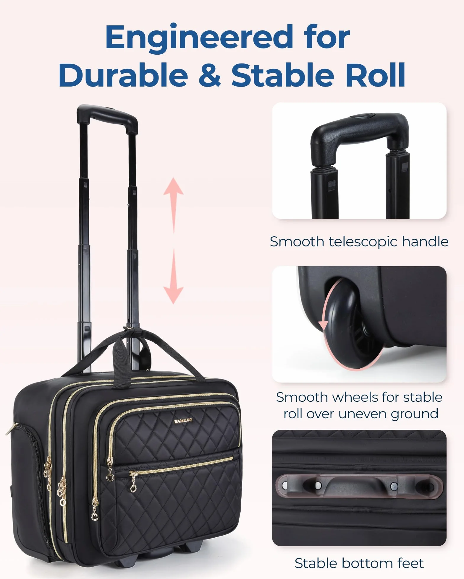 bagsmart Torba na laptopa dla kobiet, zwijana aktówka na laptopa o przekątnej ekranu 15,6", bagaż podręczny pod siedzeniem z rolkami, zwijana torba na komputer z zamkiem TSA, czarny, 15.6 Inch