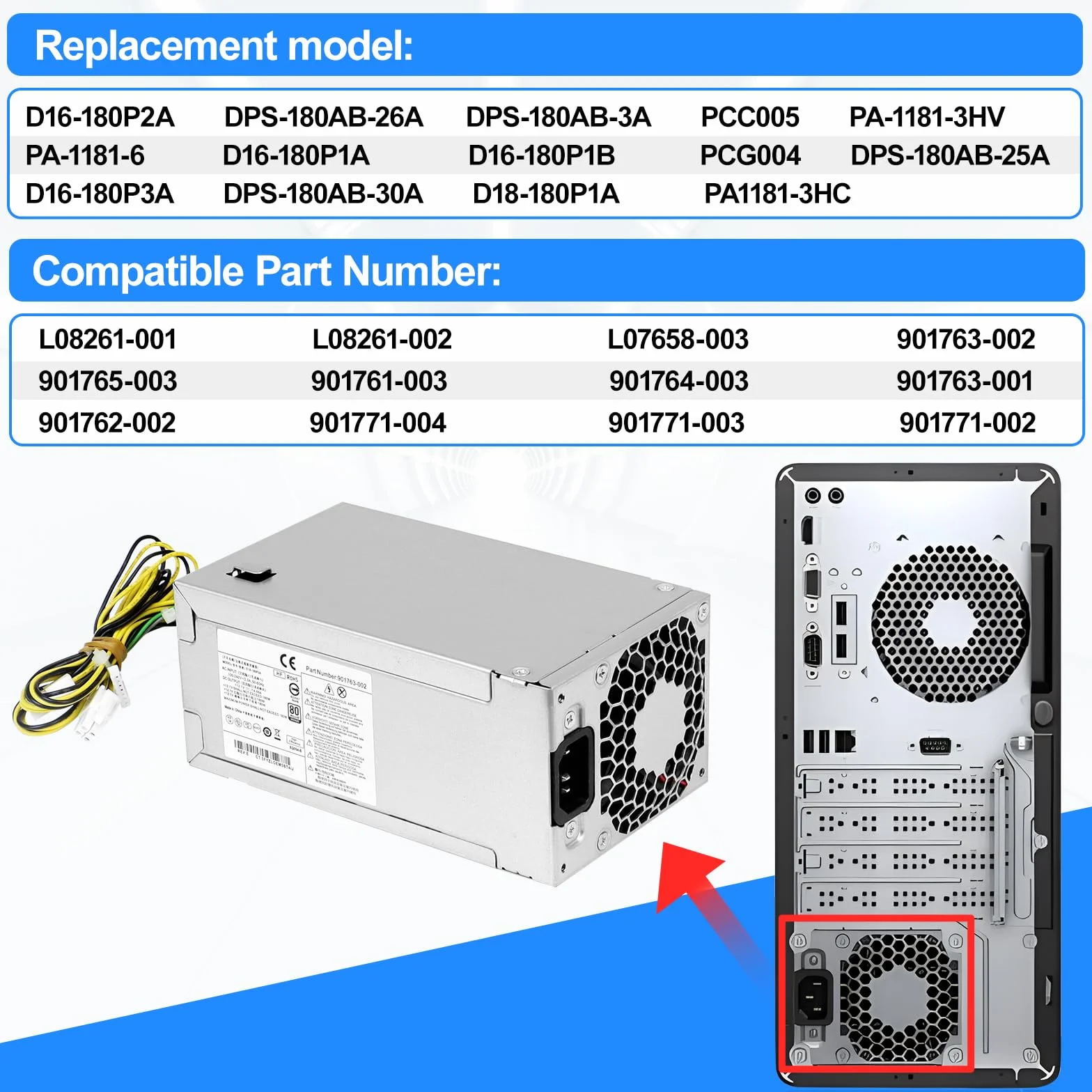 Nowy D16-180P2A D16-180P1B PA-1181-6 zasilacz 180 W kompatybilny z HP ProDesk 800 G3 sff 600 G3 sff, HP 280 Pro G3 MT 285 Pro G3 MT, P/N: L08261-000 L08 L08 261-002 901771-004 901771-003