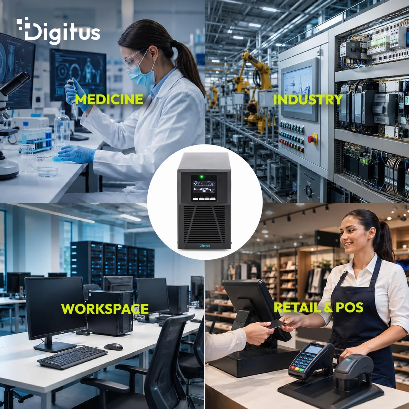 DIGITUS Zasilacz awaryjny – system UPS typu online – 1 kVA 1 kW – 4 gniazda IEC C13 – współczynnik mocy 1,0 – oprogramowanie UPS – porty RS232, RJ45 i USB – obudowa typu tower – czarny