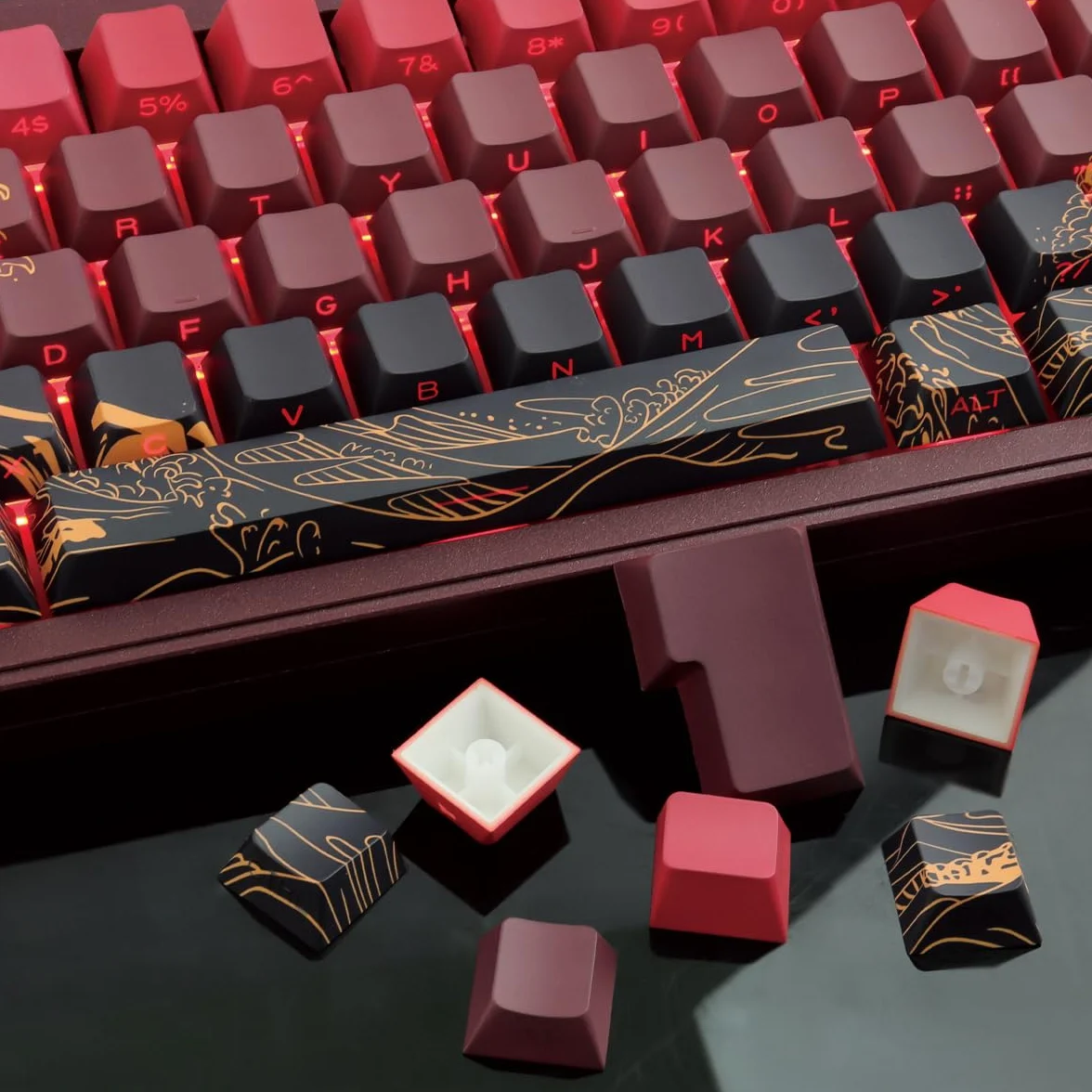 PBT Custom Keycaps, 131 Red Ukiyo-e Keycap Cherry Profile Dye-Sublimation Shine-Through Side Engraved Transparent Keycaps for Cherry Gateron MX Switches Mechanical Keyboards