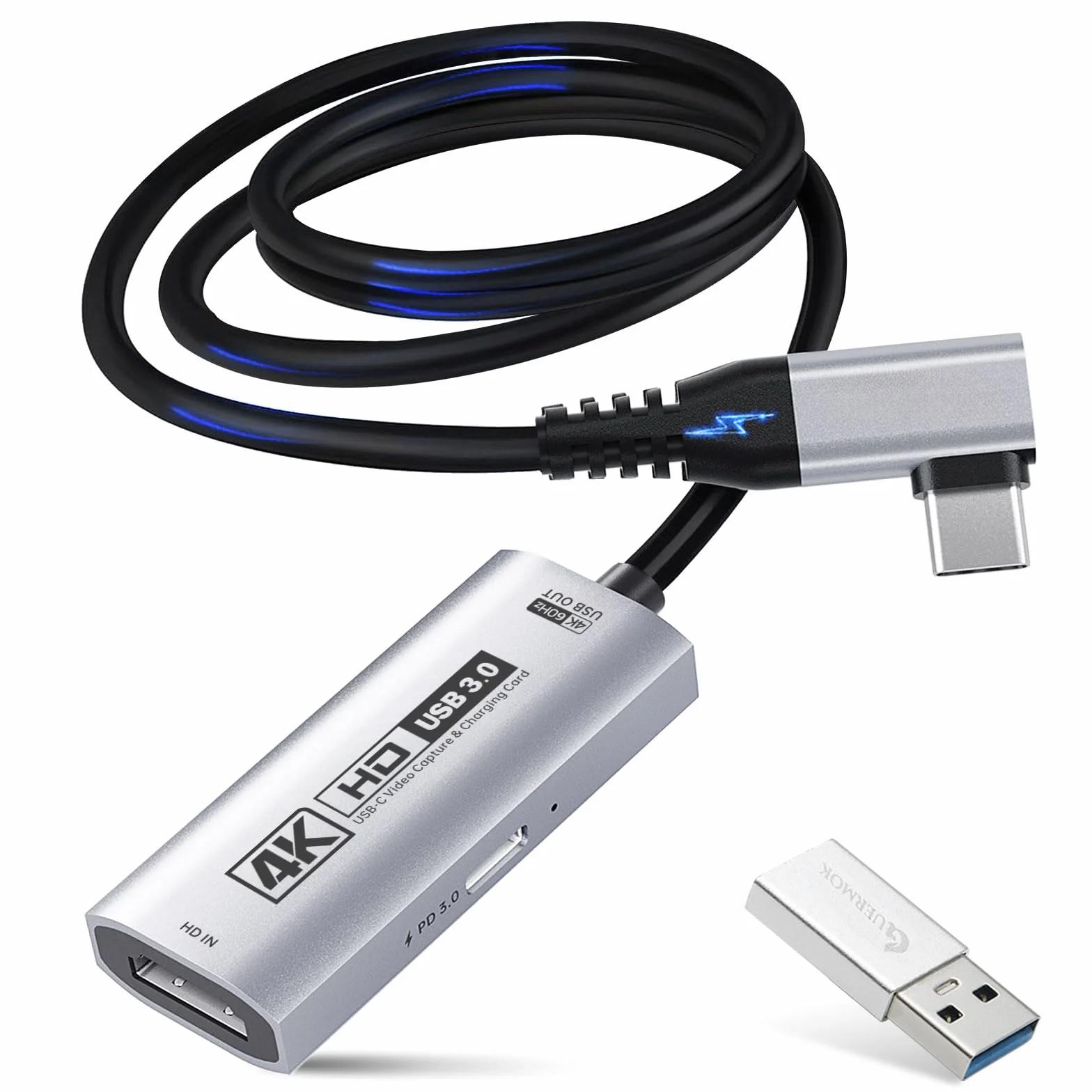 Guermok, Karta przechwytująca HDMI, 4K60FPS / 2K120FPS, PD100W, USB3.0, 1 m | Streaming, nagrywanie i granie z niskim opóźnieniem, Obsługuje konsole przenośne, Plug & Play bez sterowników, kamery, PD100W