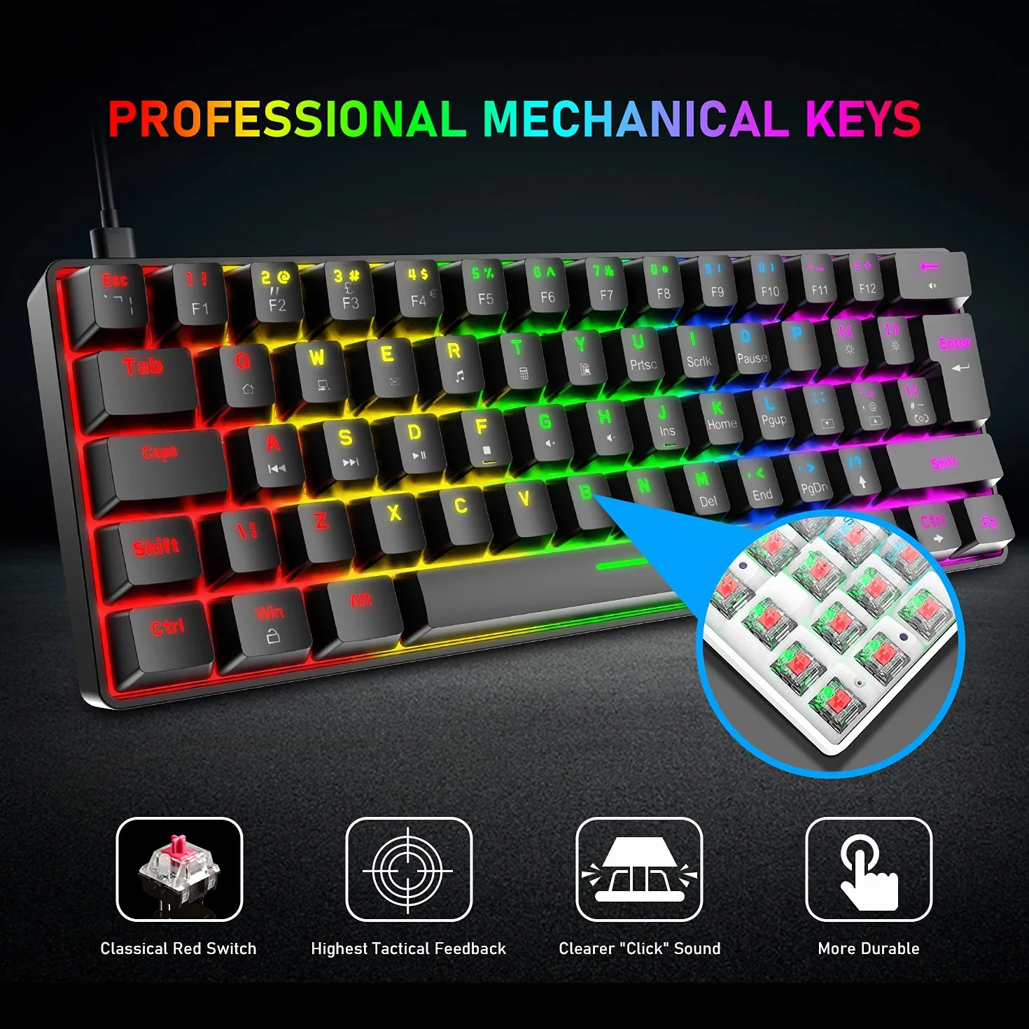 T60 Przewodowa Klawiatura i Mysz do Gier, Mini 60% kompaktowa Klawiatura Mechaniczna z 62 Keys, 19 Tęczowe światło LED, UK Layout + Mysz do Gier PS4 6400 DPI + Podkładka pod mysz - Red Switch/Czarny