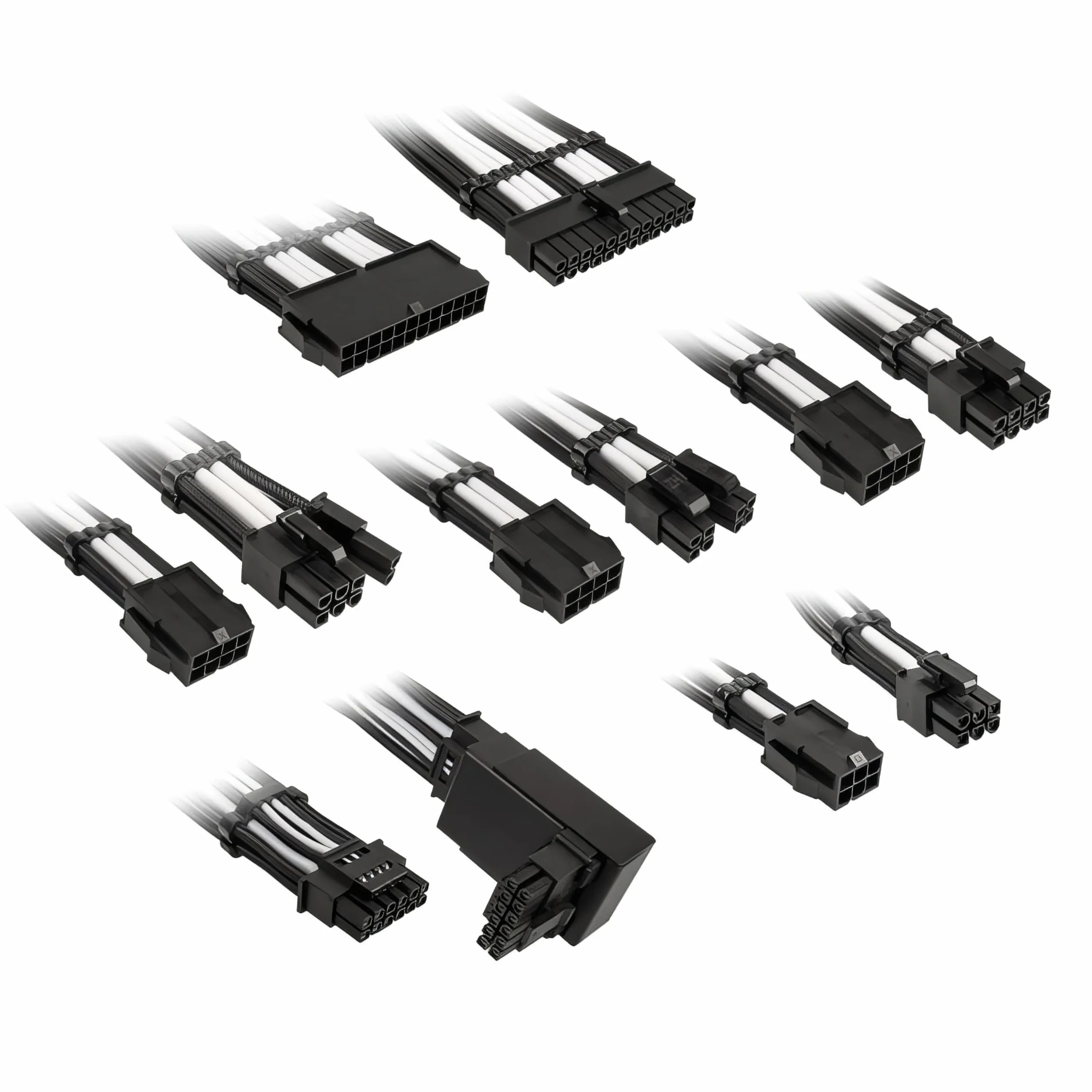 KOLINK Core 12V-2x6 zestaw przedłużaczy, zawiera adapter 12 V-2 x 6 typ 2, 8 kabli, kompatybilny wstecznie 12 VHPWR, moc do 600 W, oplot PET, 16AWG, Jet Black + Brilliant White