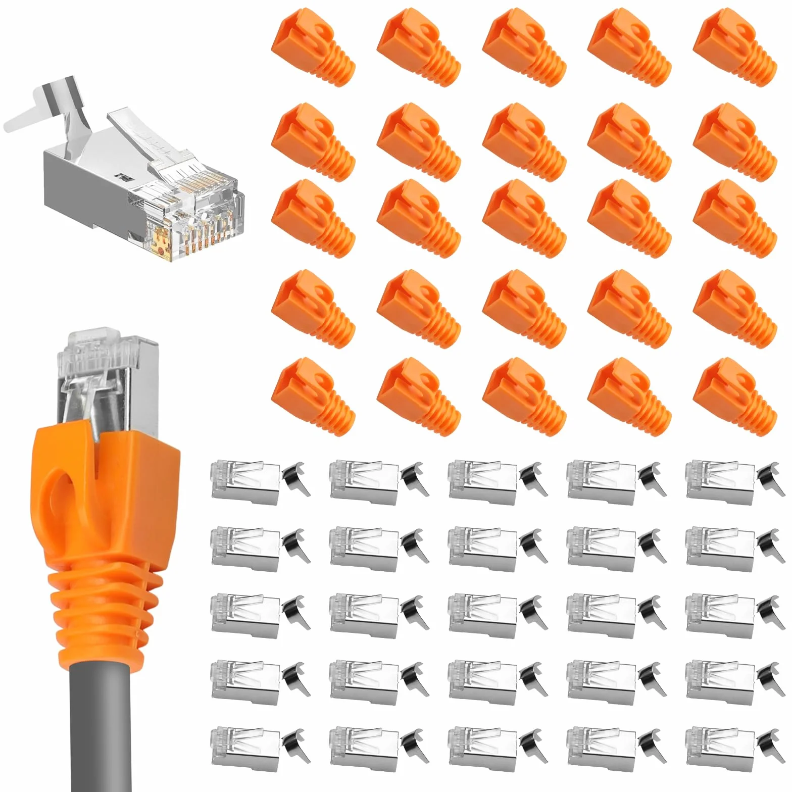25 szt. wtyków RJ45 CAT 7 CAT 6A, wtyczka sieciowa cat7 ze wspomaganiem nawlekania i ochroną przed zagięciem, wtyczka lan do kabla AWG23 POE, wtyczka modułowa Cat7 wtyczka zaciskowa do przełączników