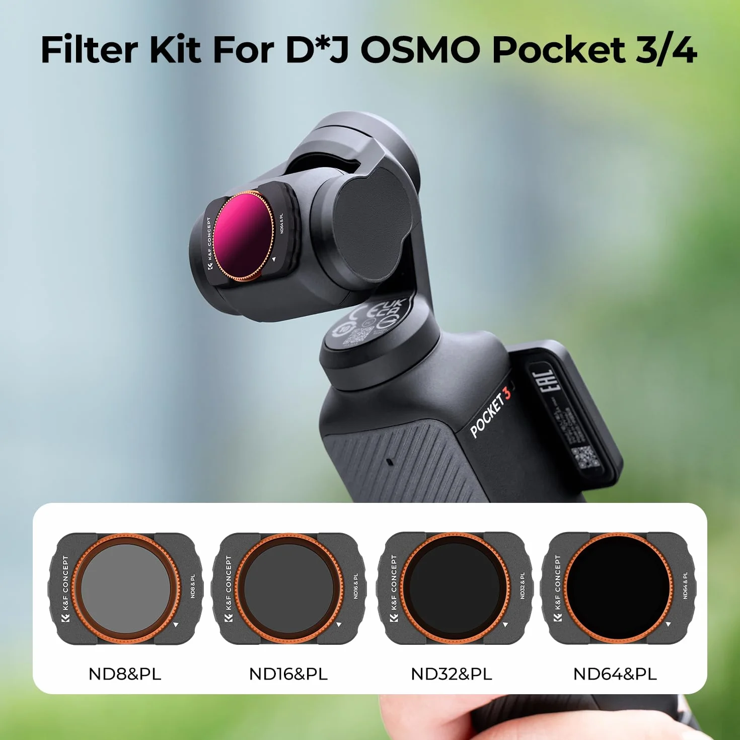 K&F Concept 4-pak - ND8/PL, ND16/PL, ND32/PL, ND64/PL kompatybilny z Osmo Pocket 3, neutralna optyka kolorów, wielowarstwowe powłoki ND filtry polaryzacyjne