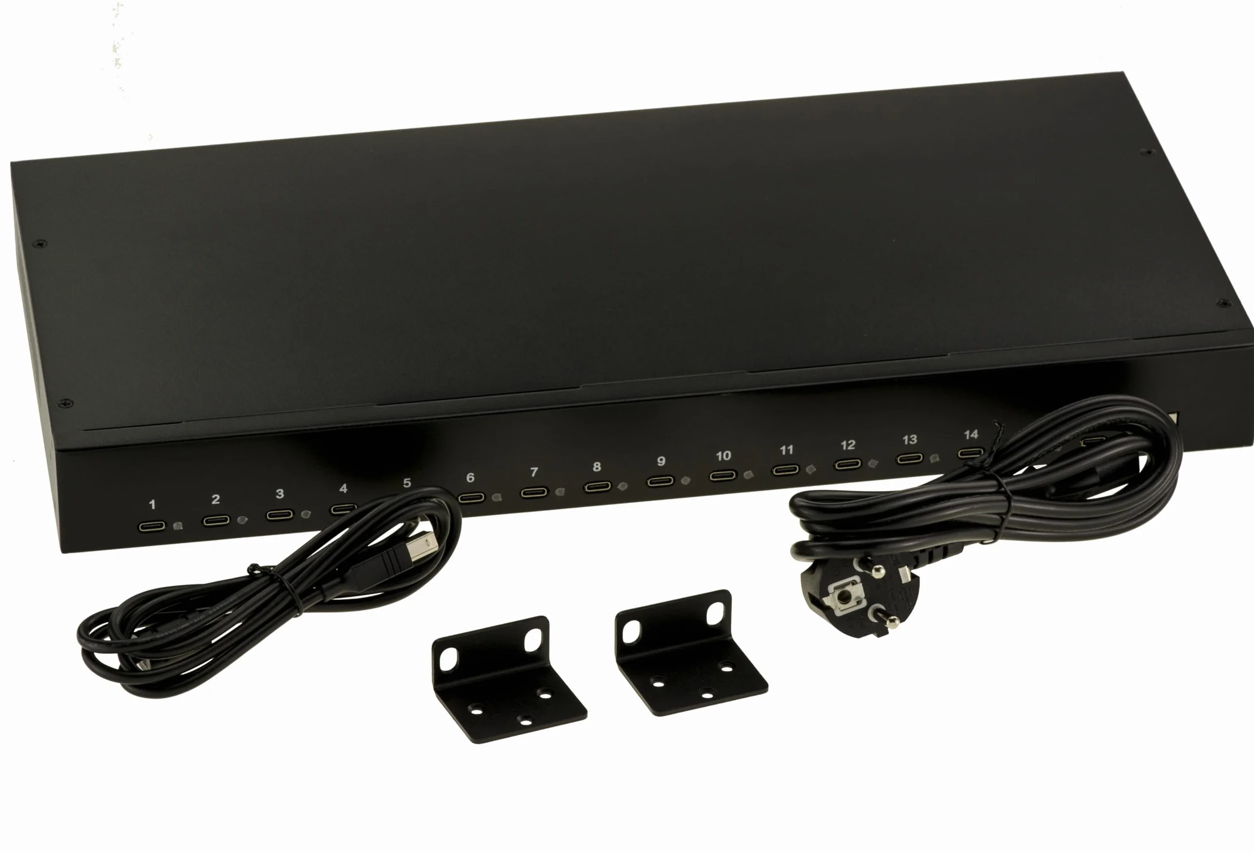 KALEA-INFORMATIQUE Przemysłowa stacja ładująca do montażu w szafie rack 44 cm 16 portów USB typu C Maksymalna moc 200 W, zasilanie 5 V 2,1 A na port