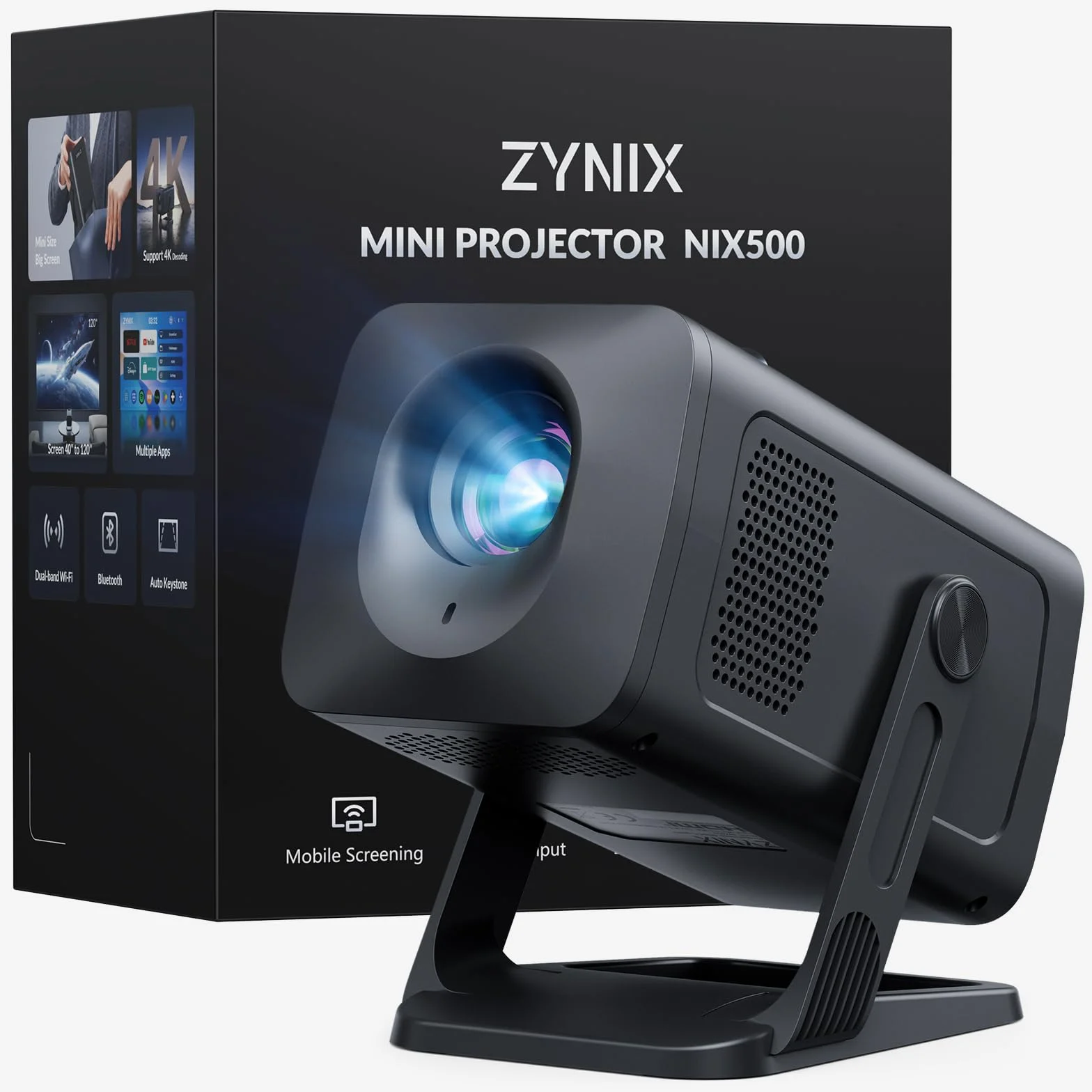 ZYNIX Inteligentny mini projektor z systemem Android 14, obsługuje 4K i 1080P, projektor WiFi 6 i Bluetooth 5.4, Auto Keystone i obrót o 270° do kina domowego, gier i na zewnątrz, NIX500