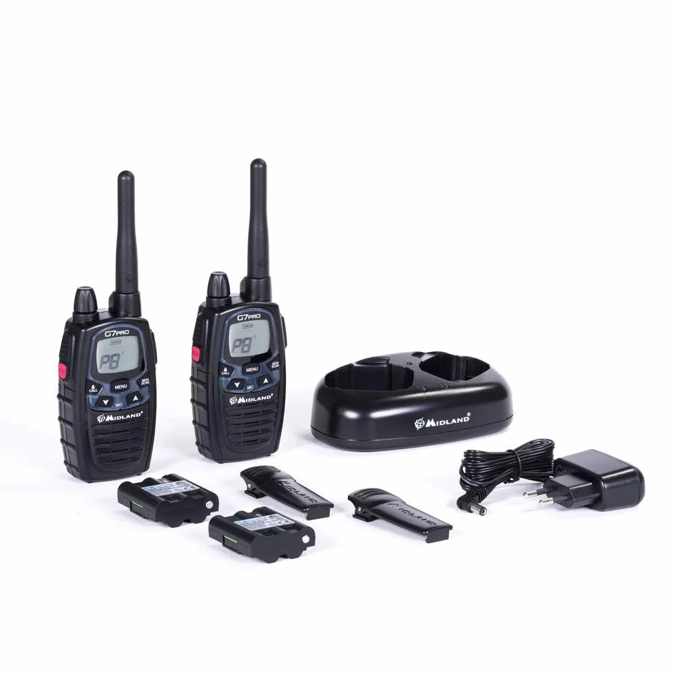 Midland G7 Pro PMR+LPD C1090.06 wytrzymałe urządzenie do profesjonalnego lub prywatnego użytkowania, z wyświetlaczem LCD, łącznie z podwójną ładowarką i klipsami do paska, 2 sztuki w zestawie