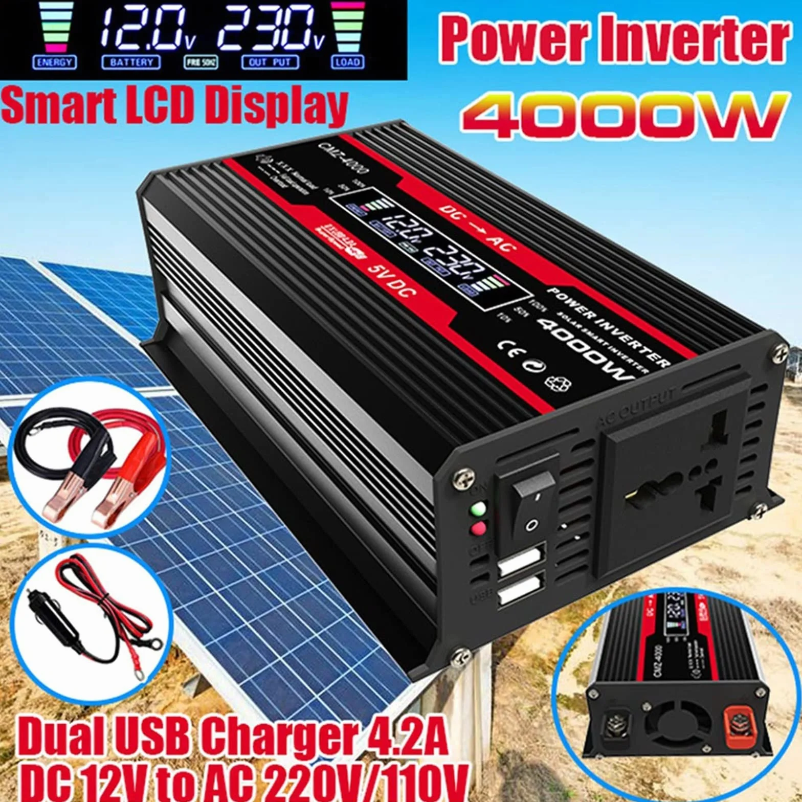 Falownik, 4000W zmodyfikowana fala sinusoidalna przetwornica napięcia 12V 220 do generatora konwerterów domowych z przetwornicą częstotliwości ładowania LCD(4000W Red)