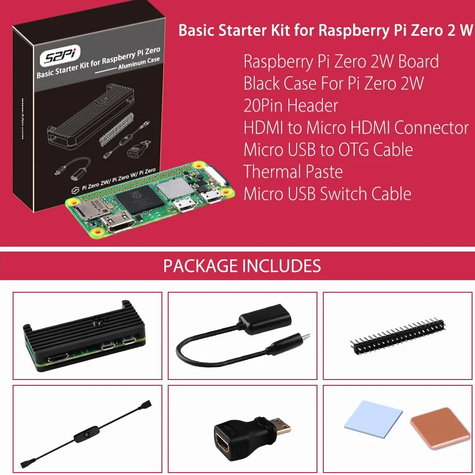 GeeekPi Podstawowy Starter Kit dla Raspberry Pi Zero 2 W, z obudową Zero 2 W, 20-stykowym złączem GPIO, radiatorami, OTG, przełącznikiem MicroUSB, kablem MicroUSB do OTG, adapterem HDMI dla Zero 2 W