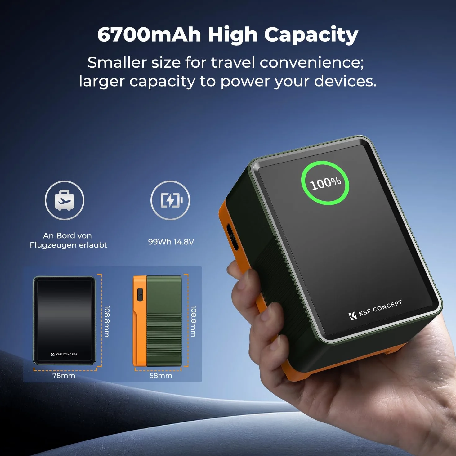 K&F CONCEPT Bateria V 99 Wh z mocowaniem typu V, 100 W, szybkie ładowanie PD, 14,8 V/6700 mAh Mini V Lock z DC/D-Tap, podwójny USB-C / USB-A/ekran TFT do aparatu, kamery wideo, monitora (pomarańczowy)