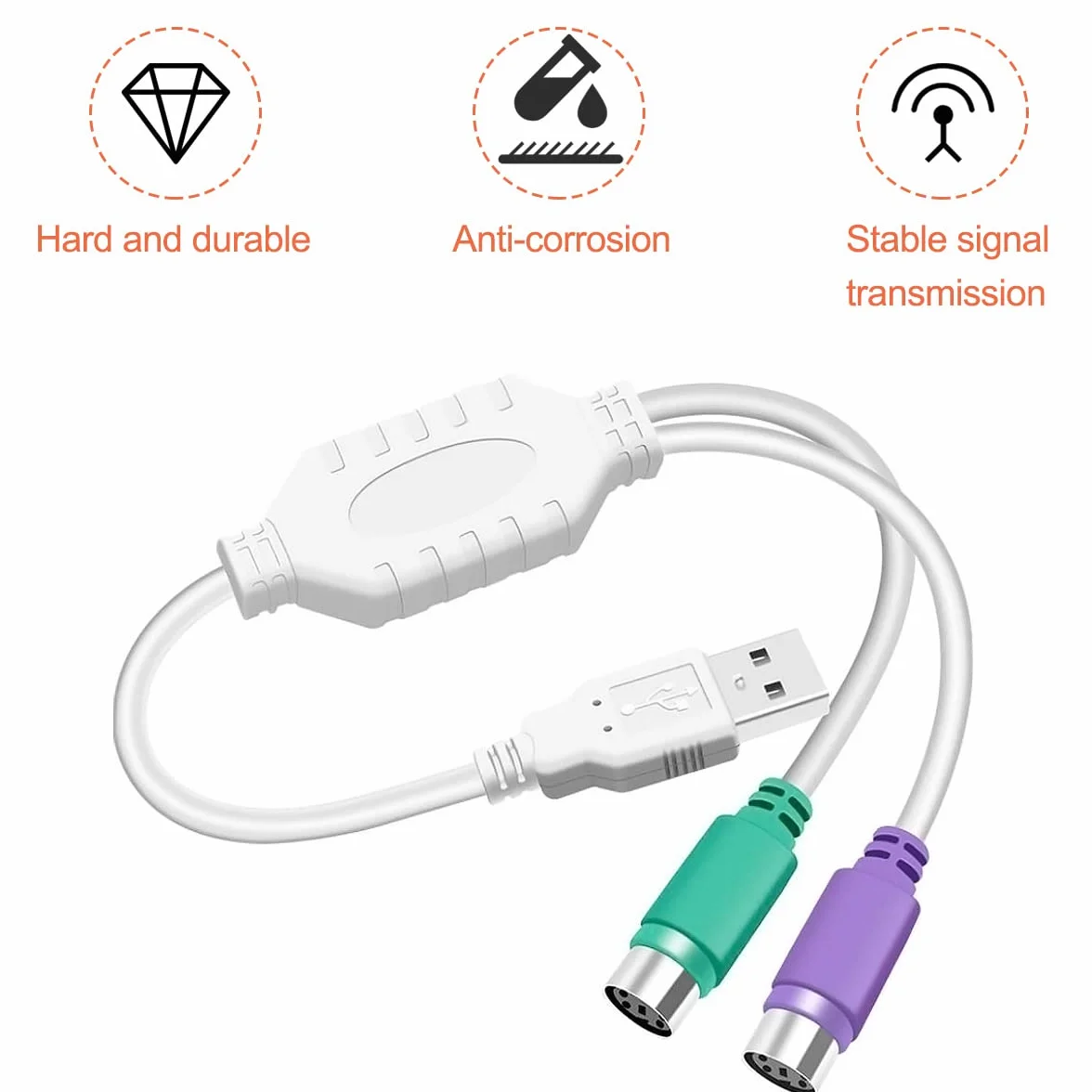 Xiatiaosann PS2 na USB A adapter kabel klawiatura mysz adapter przewód PS/2 męski na USB A wtyczka męska do myszy i klawiatury, zamiennik adaptera myszy PS2, 2 szt