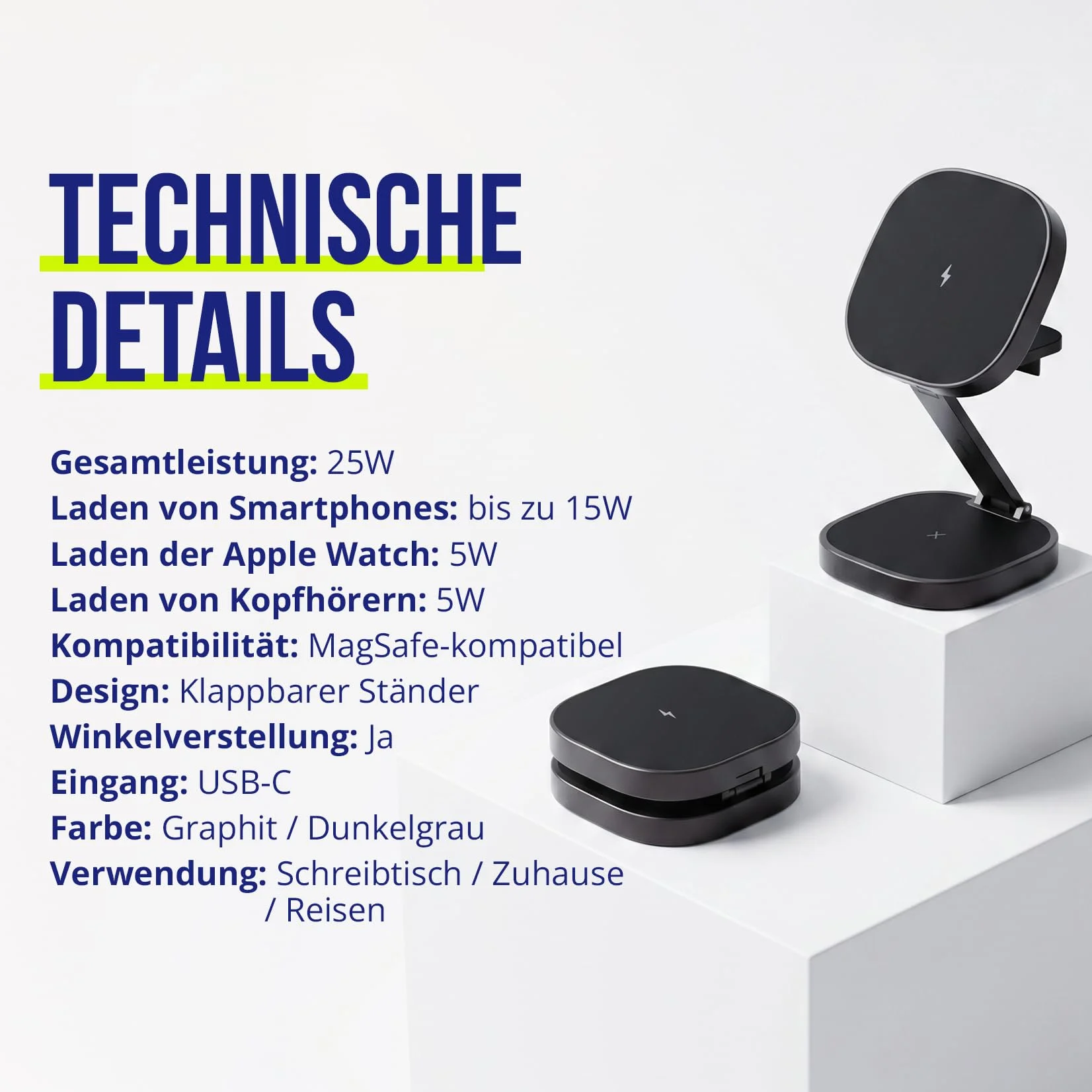 Ładowarka 3 w 1, 25 W, składana, bezprzewodowa stacja ładująca do iPhone'a, Apple Watch i AirPods, mini bezprzewodowa podstawka ładująca z diodami LED i USB-C – kompatybilna z Qi i MagSafe
